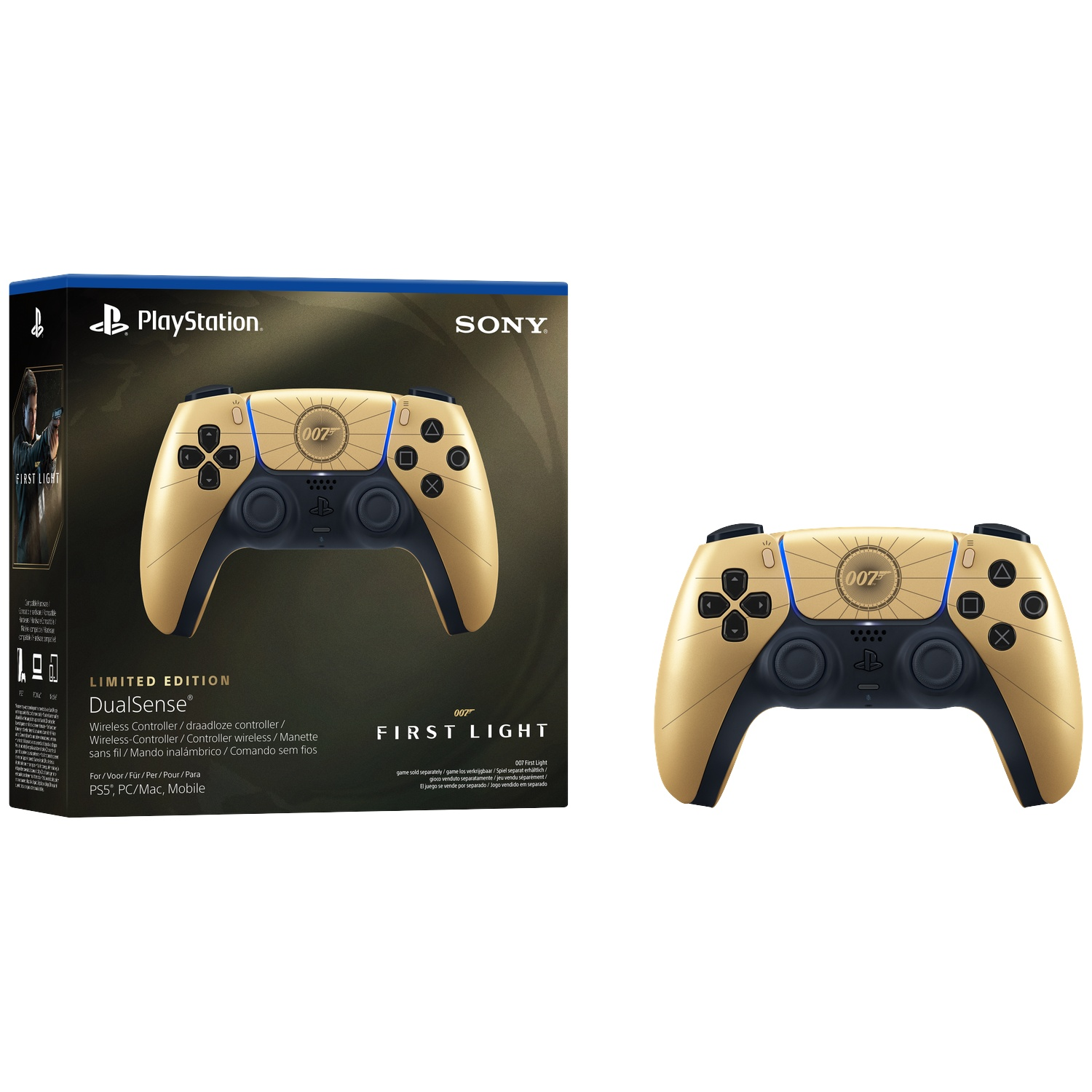 Gold PlayStation DualSense 007 First Light limited edition controller.