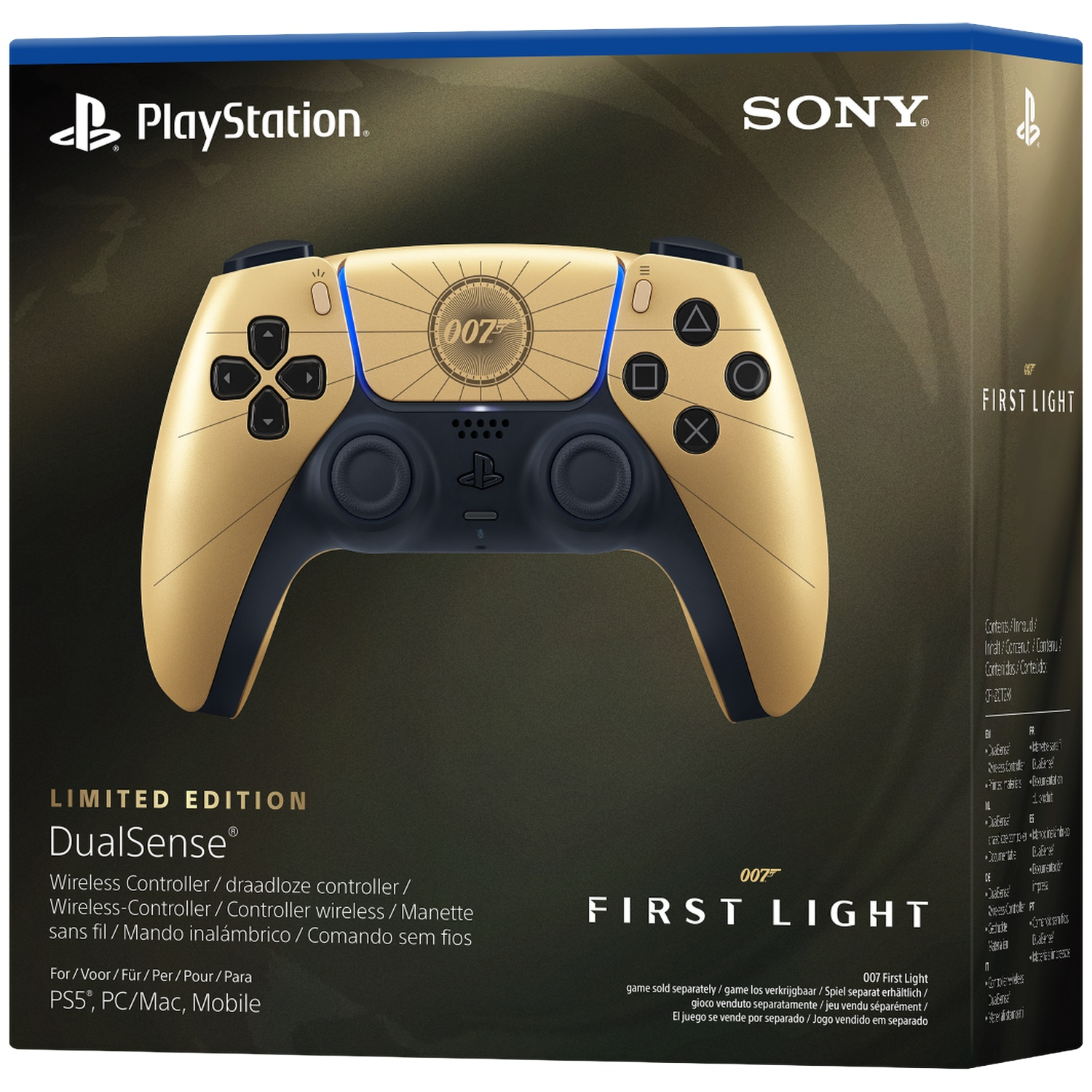 Gold PlayStation DualSense controller with 007 design on packaging.