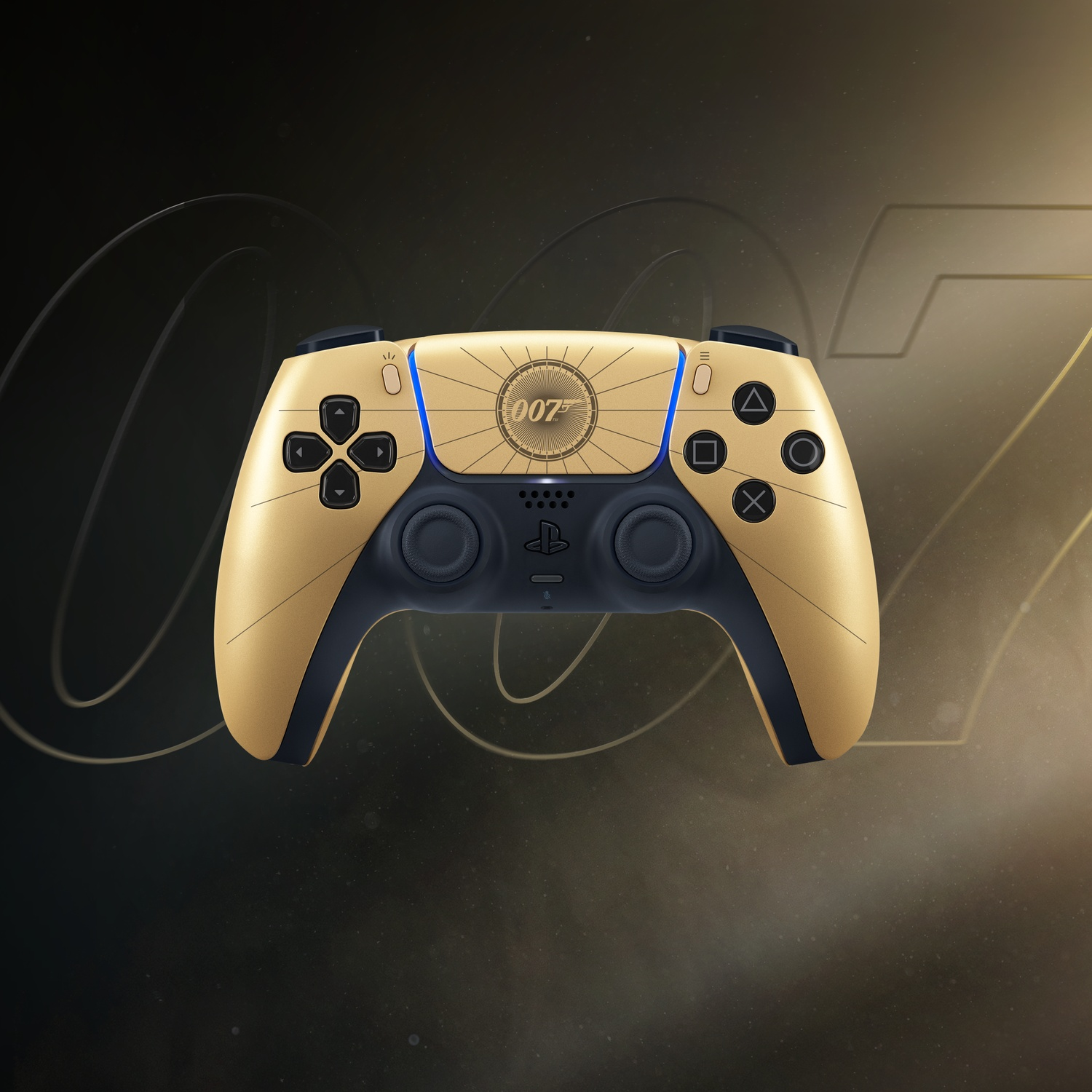 A gold PlayStation 5 DualSense controller with 007 logo on a dark background.