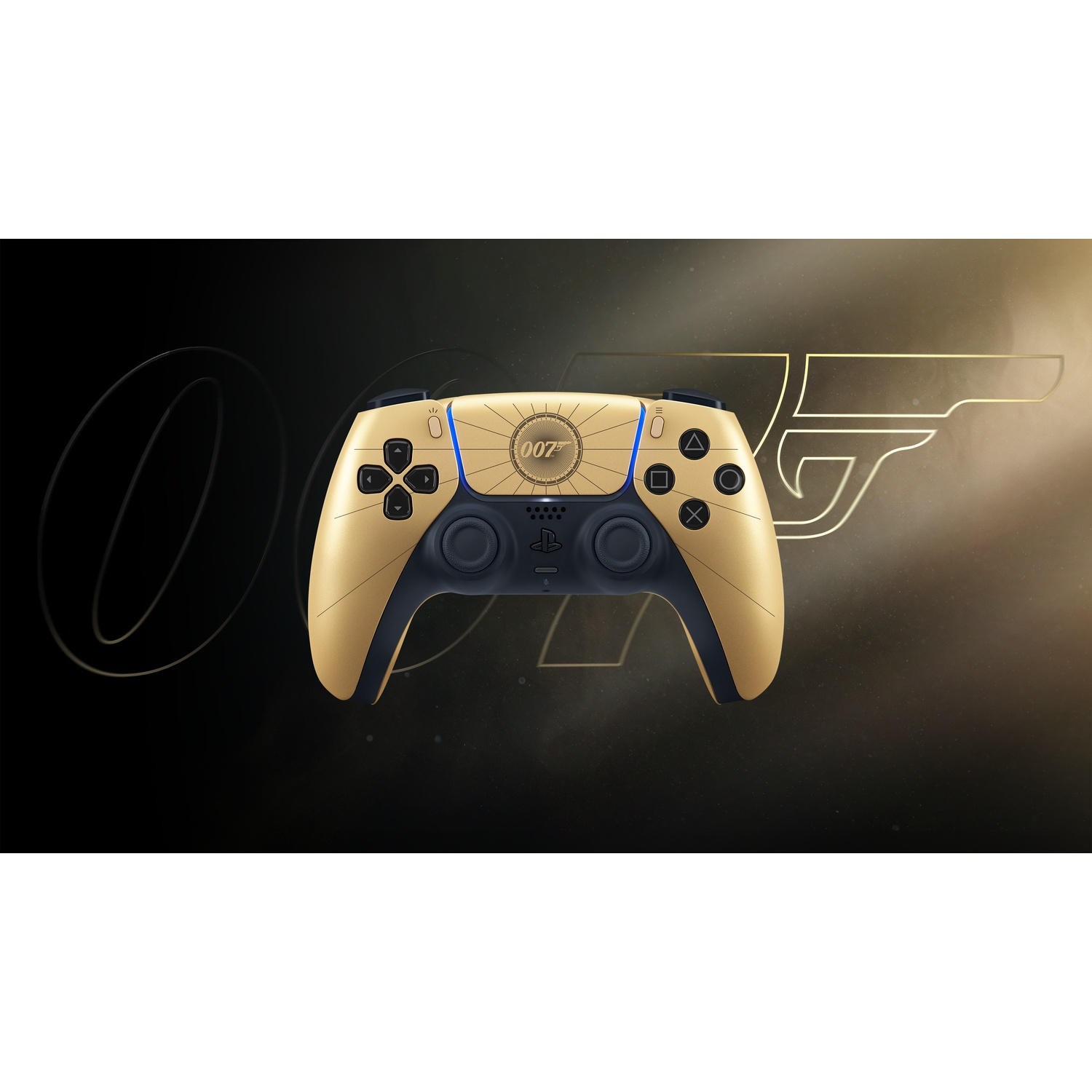 Gold controller with "007" logo and stylized background elements.