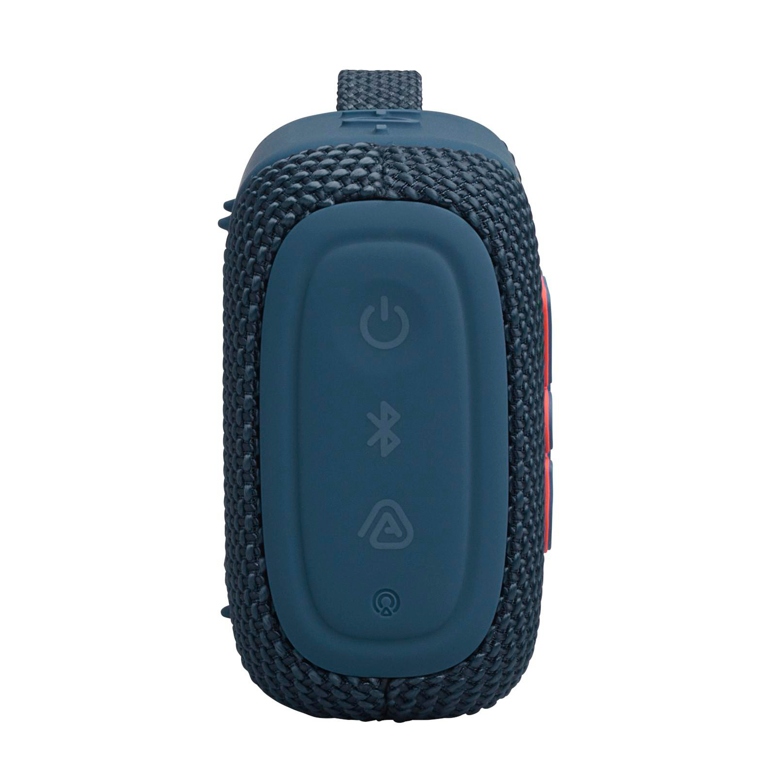 Dunkelblaue Bluetooth-Box mit Bedienelementen: Ein/Aus, Bluetooth, Lautstärke. Weiße Symbole.