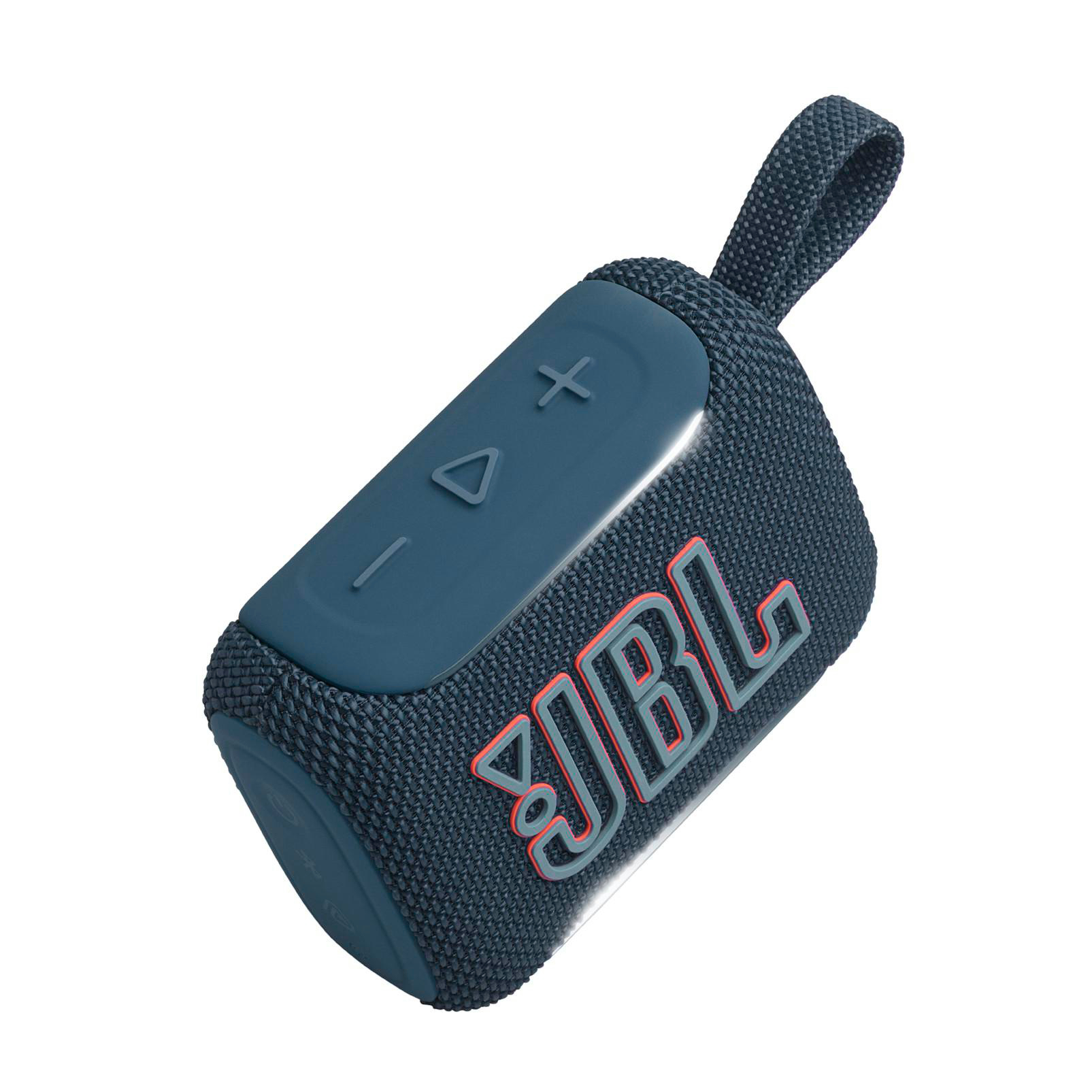 Ein dunkelblauer JBL Go 3 Lautsprecher mit Trageschlaufe und Bedienelementen.