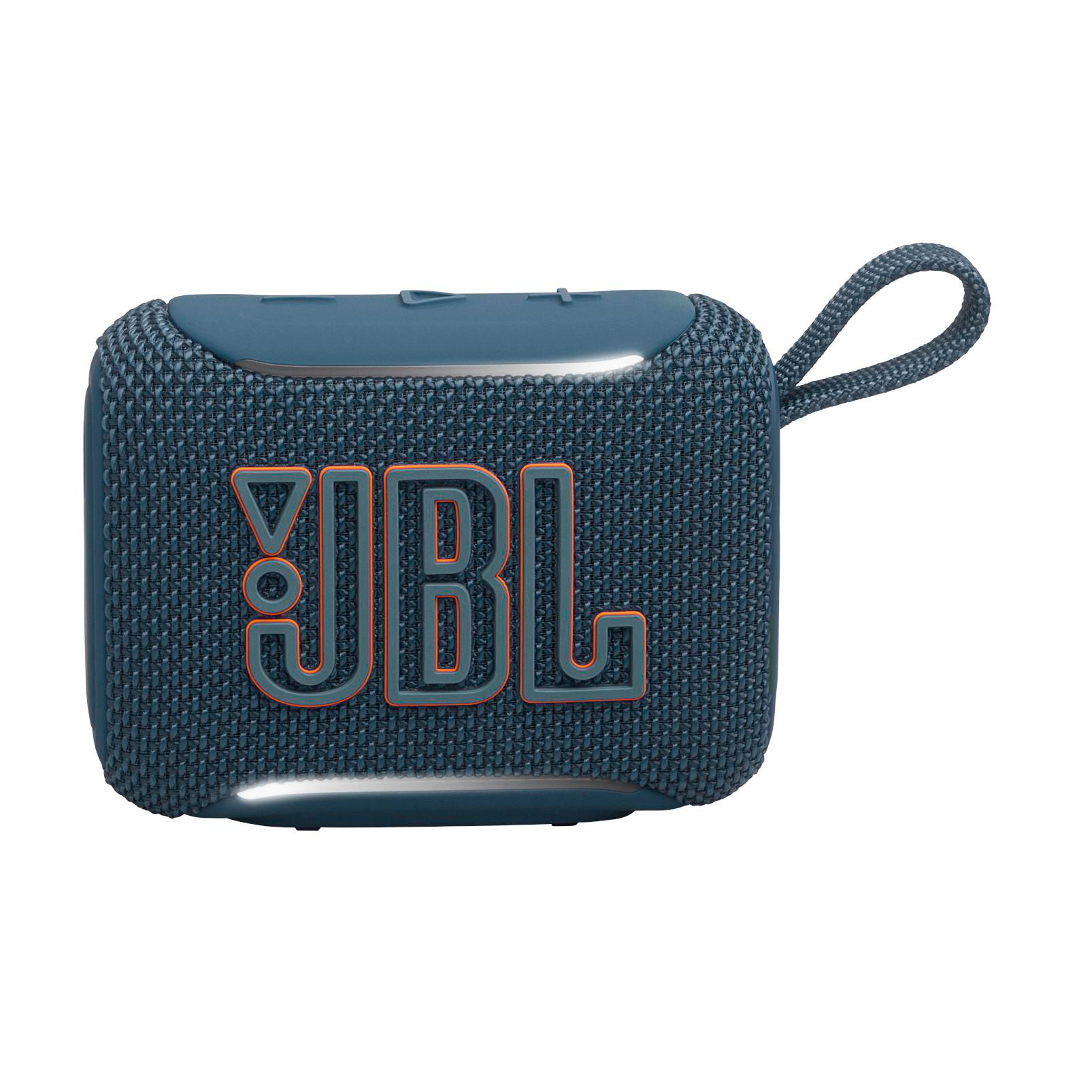 Ein blauer JBL Lautsprecher mit orangefarbenem Logo und einer Schlaufe.