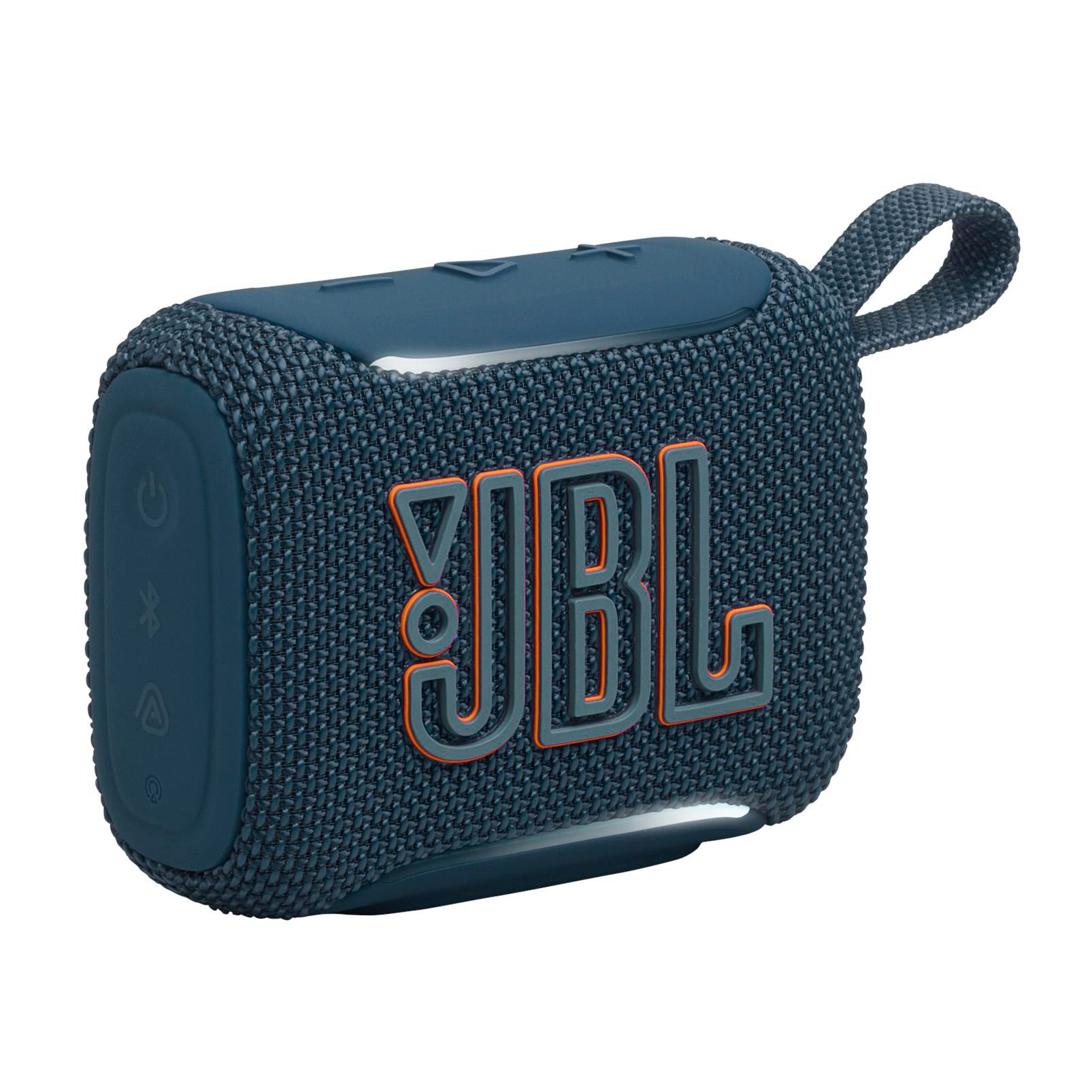 Ein blauer JBL-Lautsprecher mit orangefarbenem Logo und Trageschlaufe.
