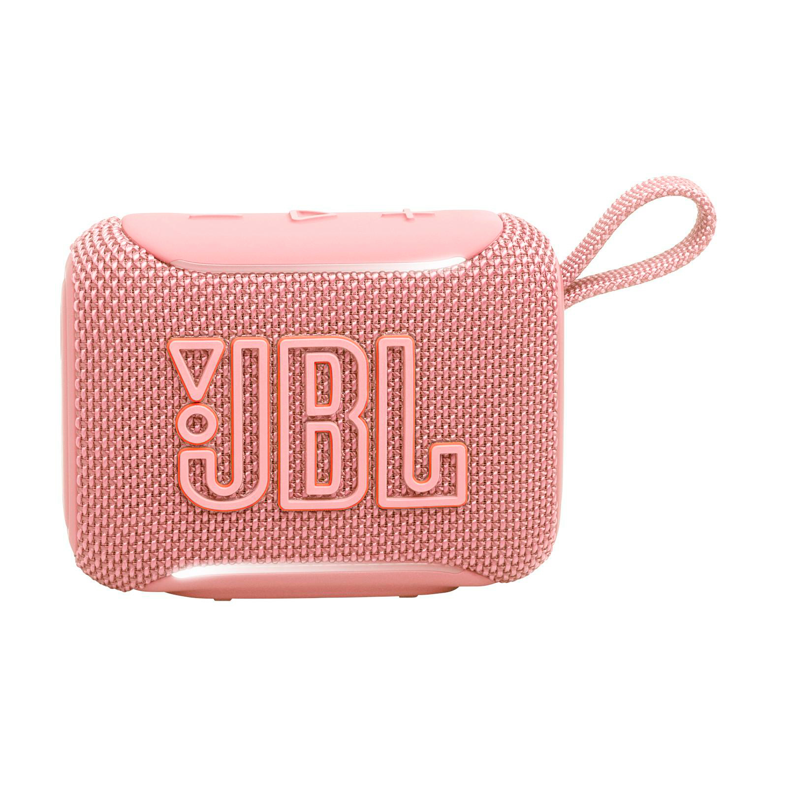 Ein kleiner, pinker JBL Bluetooth-Lautsprecher mit einem Trageband.