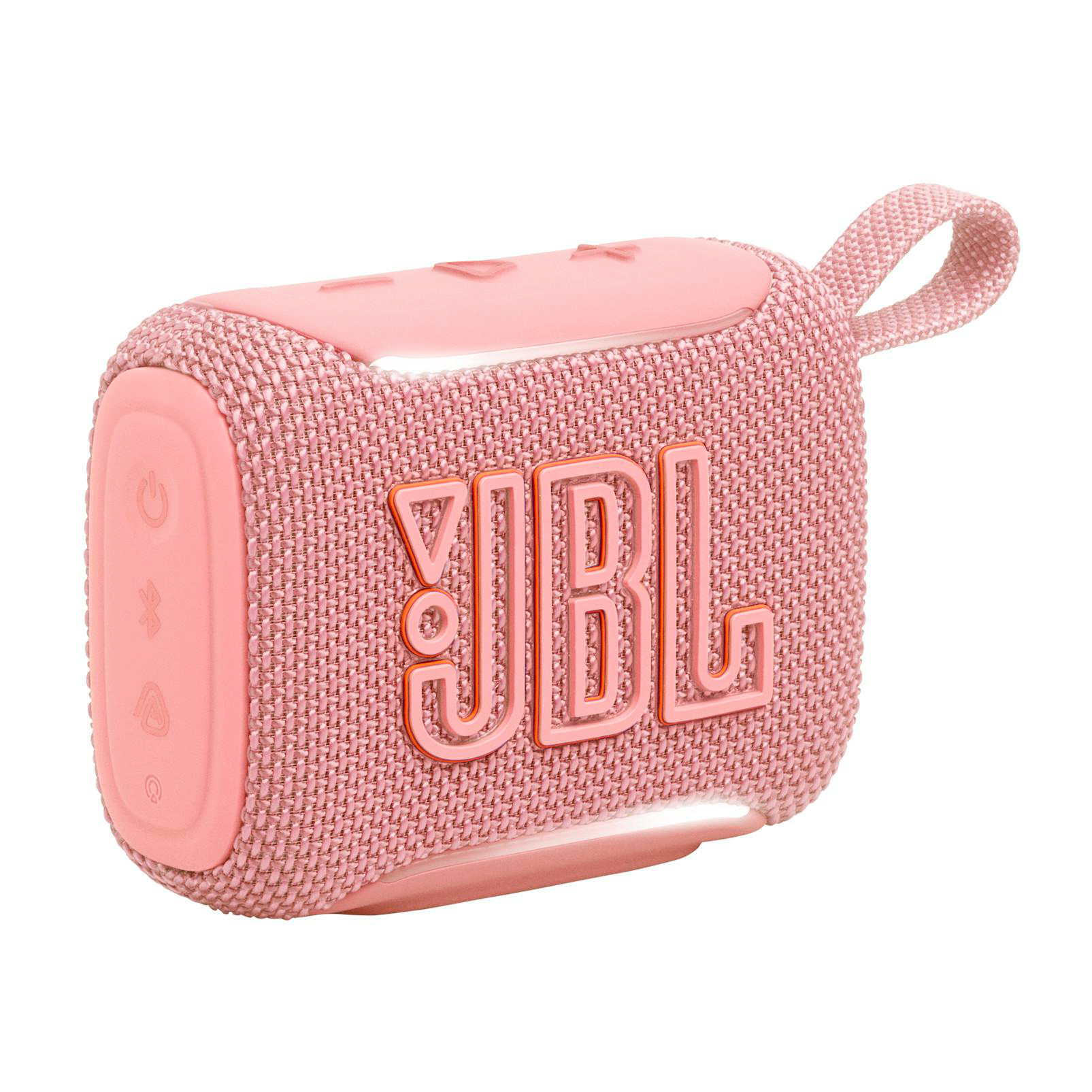 Ein rosafarbener JBL Go 3 Lautsprecher mit einem Trageband und dem JBL-Logo.