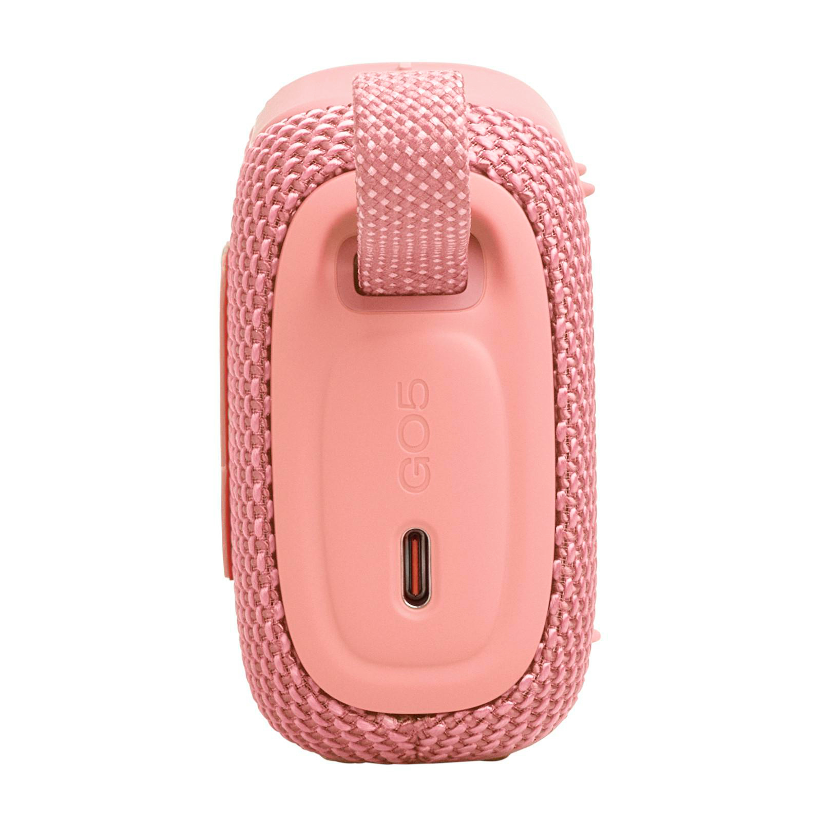 Ein rosafarbener Lautsprecher mit Stoffbezug und einem USB-C-Anschluss.