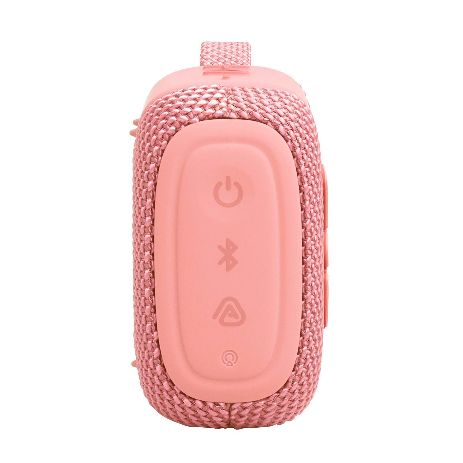 Eine rosafarbene Bluetooth-Box mit Power-, Bluetooth-, Lautstärke- und Wiedergabetasten.
