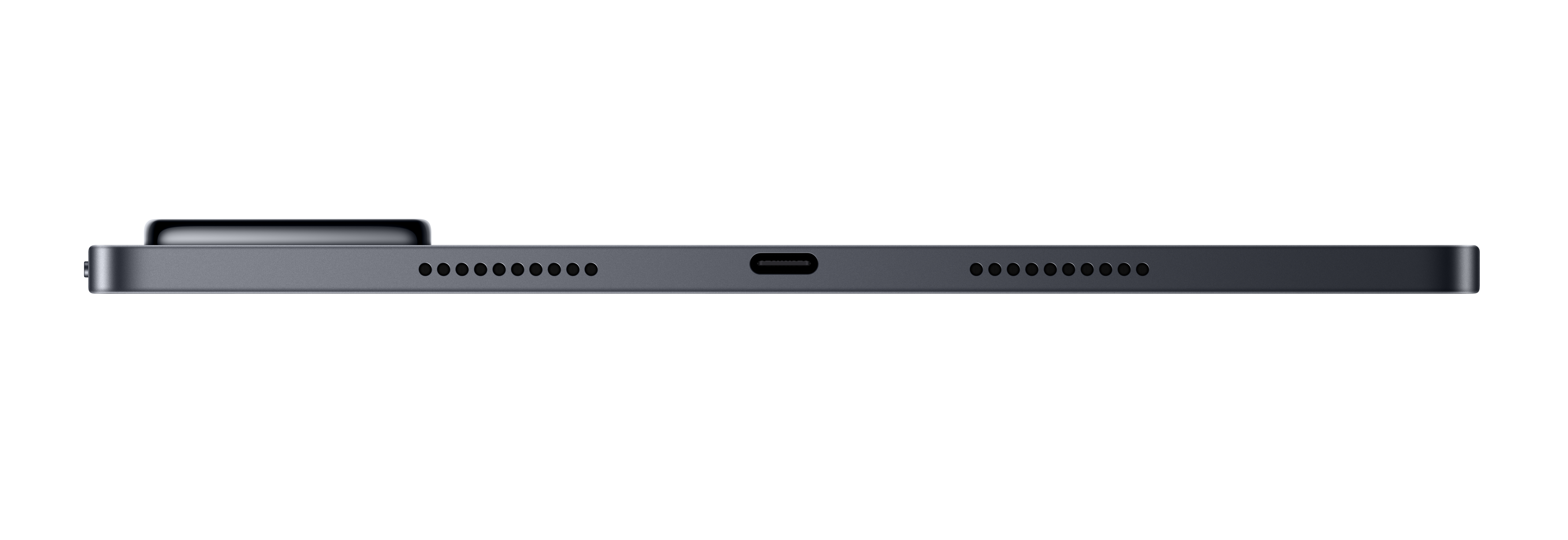 Graues Tablet mit Ladeanschluss und Lautsprecheröffnungen auf weißem Hintergrund.