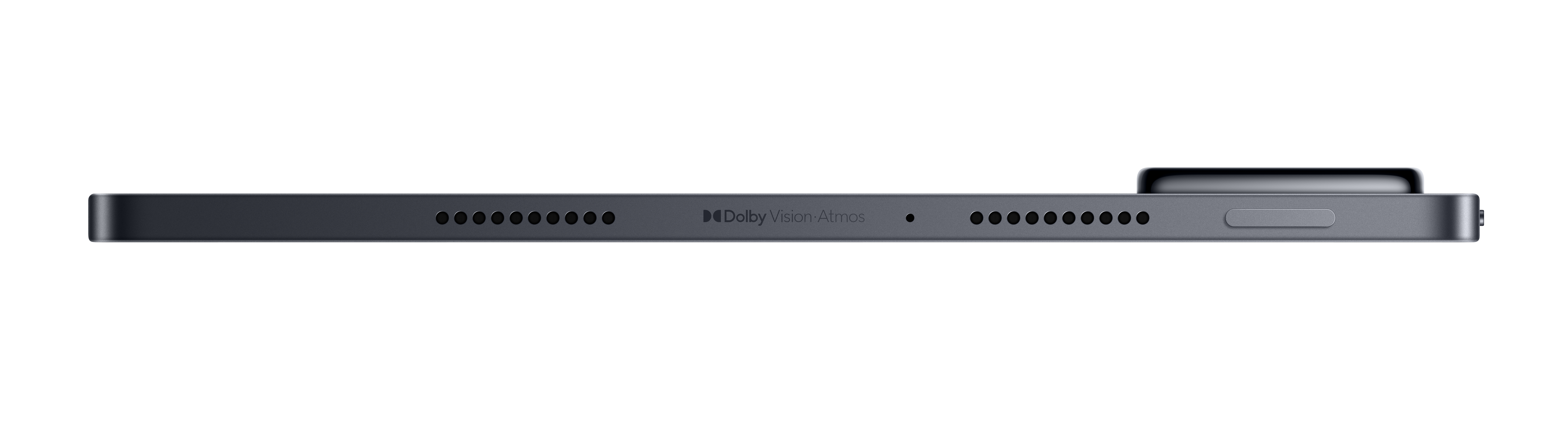 Graues Tablet mit Dolby Vision Atmos Logo, Lautsprecheröffnungen und einer Taste.