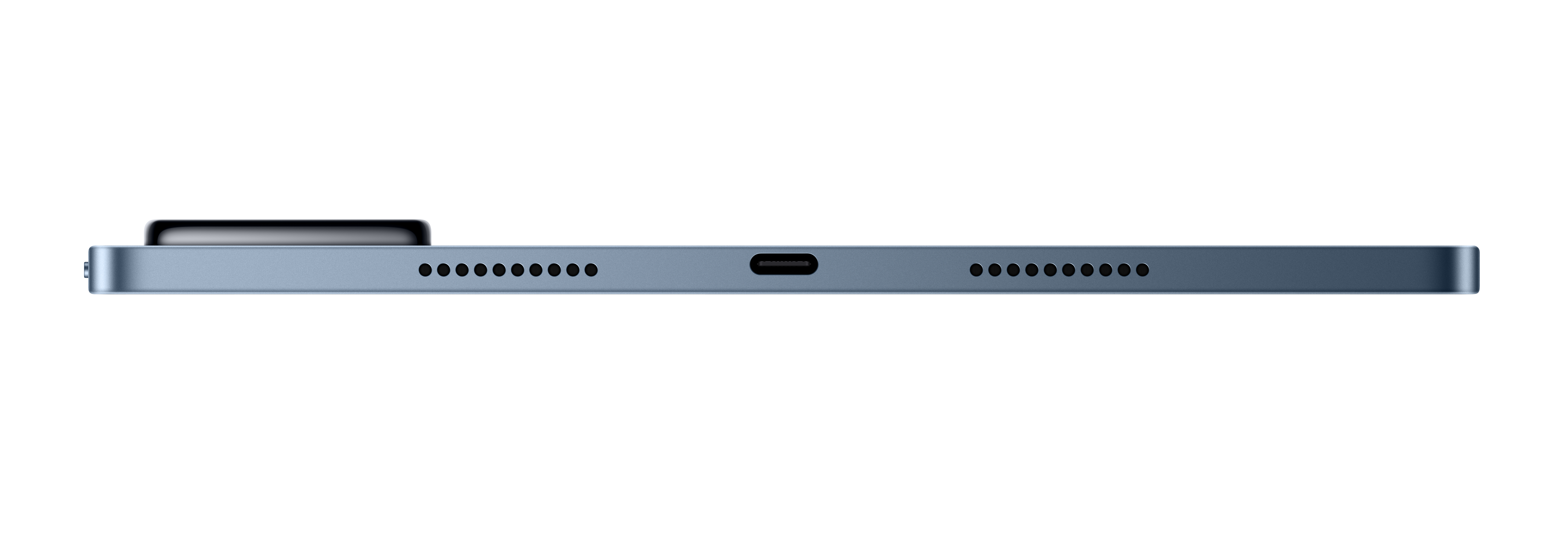 Ein blaues Tablet mit einem USB-C-Anschluss und Lautsprecheröffnungen.