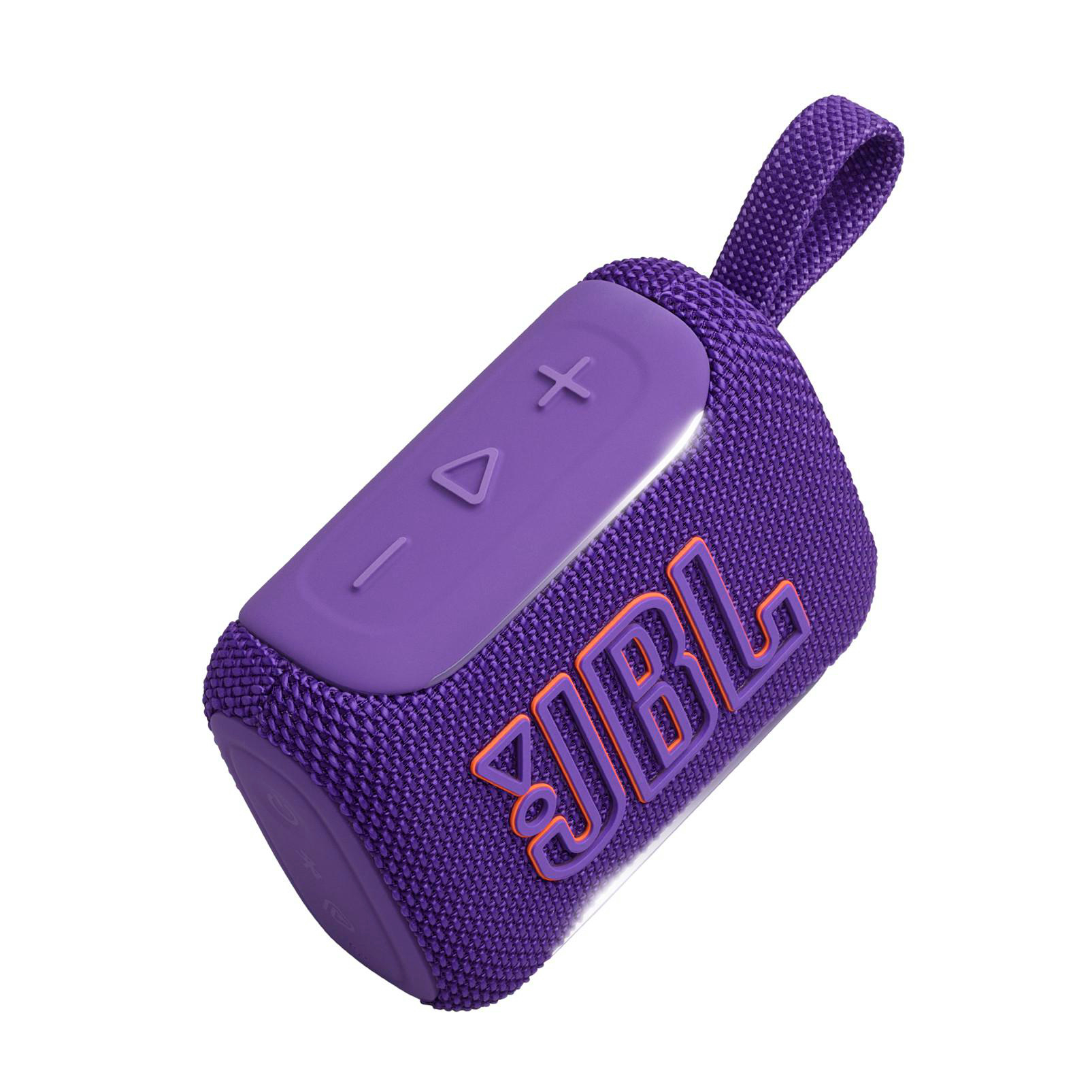 Lila JBL-Lautsprecher mit Stoffbezug und Tasten. Nahaufnahme.