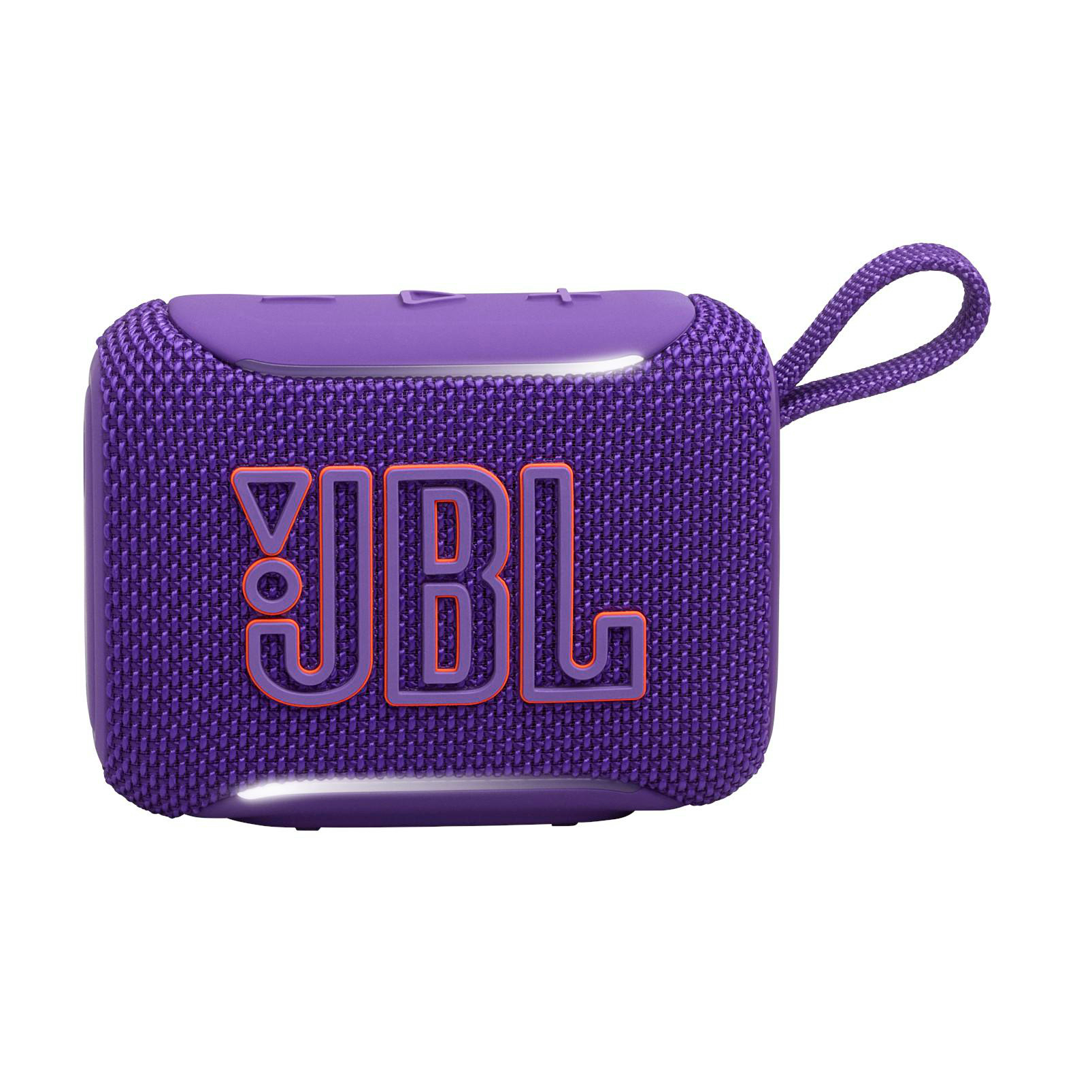 Ein violetter tragbarer JBL-Lautsprecher mit orangefarbenem JBL-Logo und Schlaufe.