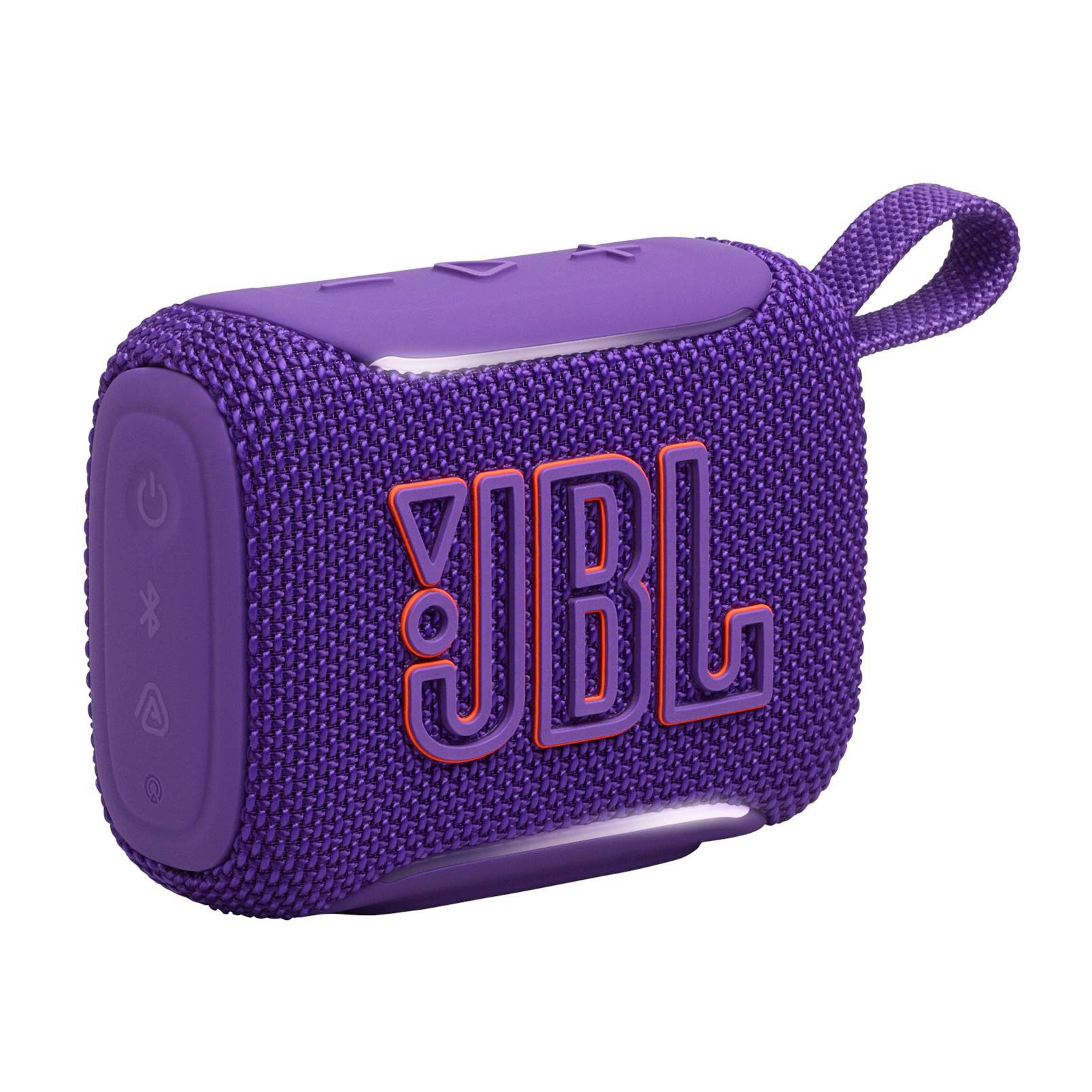 Lila JBL Lautsprecher mit orangefarbenem Logo und Trageschlaufe.