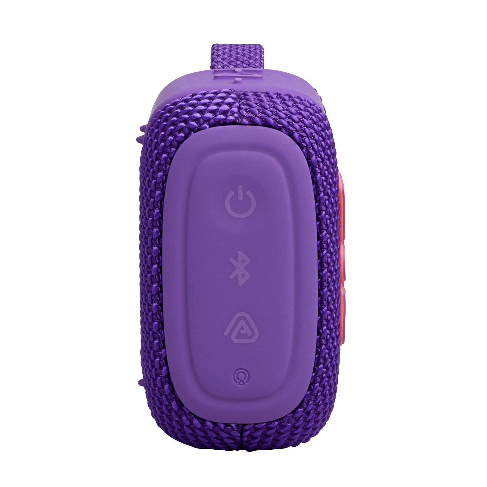 Lila Bluetooth-Lautsprecher mit Power-, Bluetooth- und Wiedergabetasten.