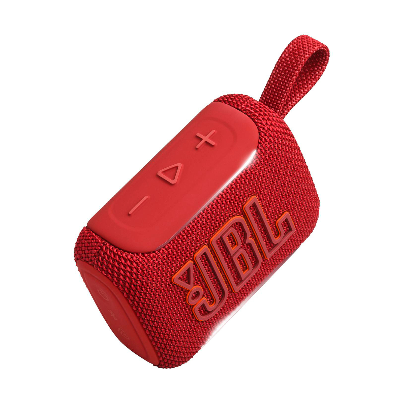 Ein roter JBL Bluetooth-Lautsprecher mit einem Trageriemen und Bedienelementen.
