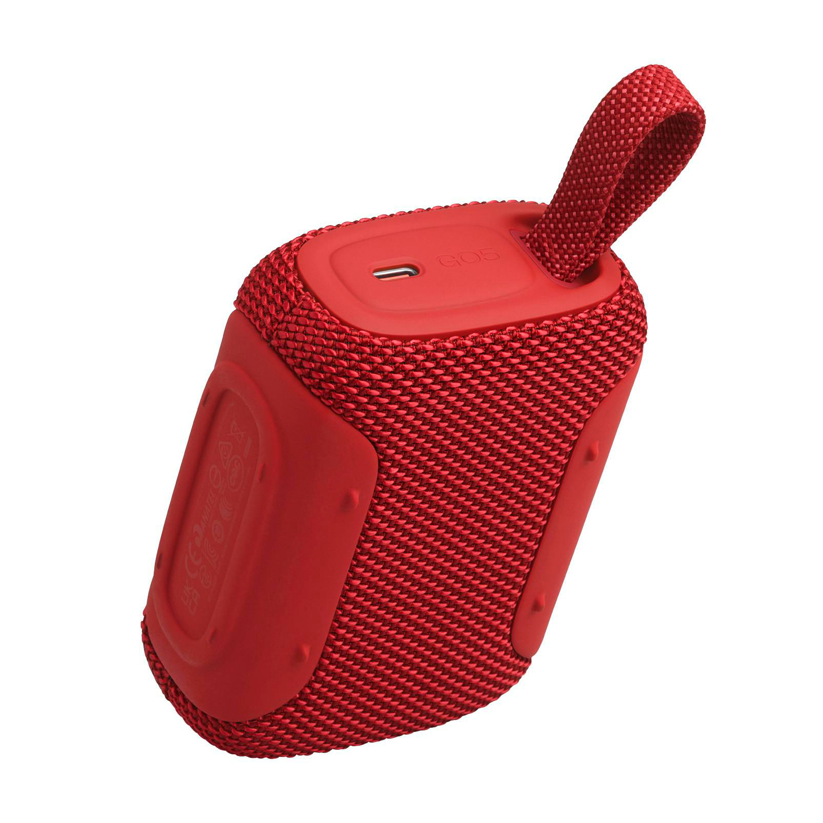 Ein roter, tragbarer Bluetooth-Lautsprecher mit Stoffbezug und einer Schlaufe.