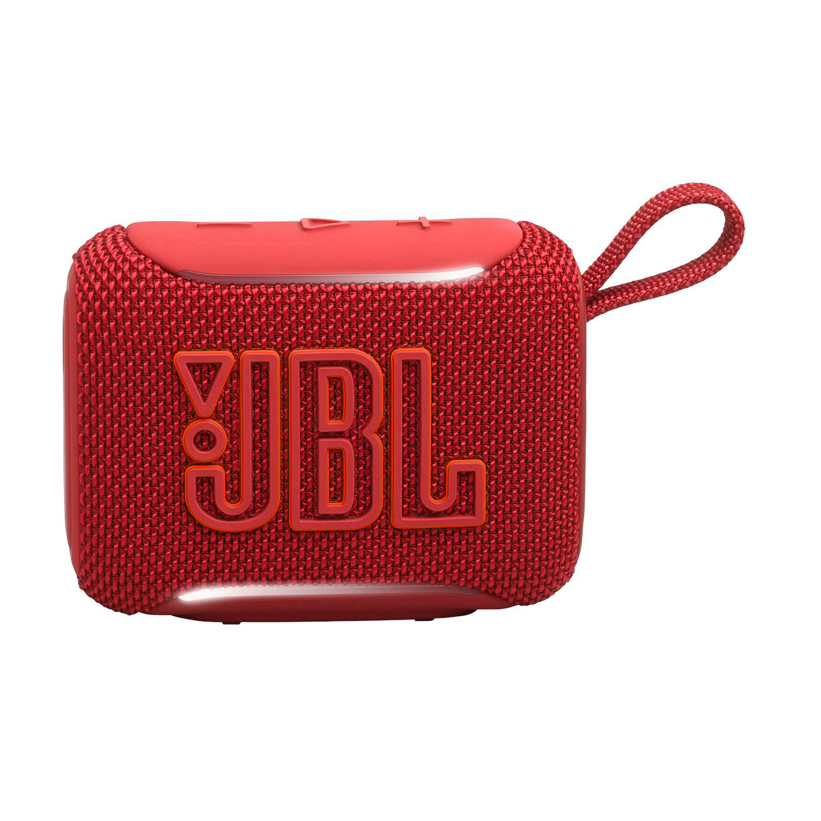 Ein roter tragbarer JBL-Lautsprecher mit Stofftextur und orangefarbenem JBL-Logo.