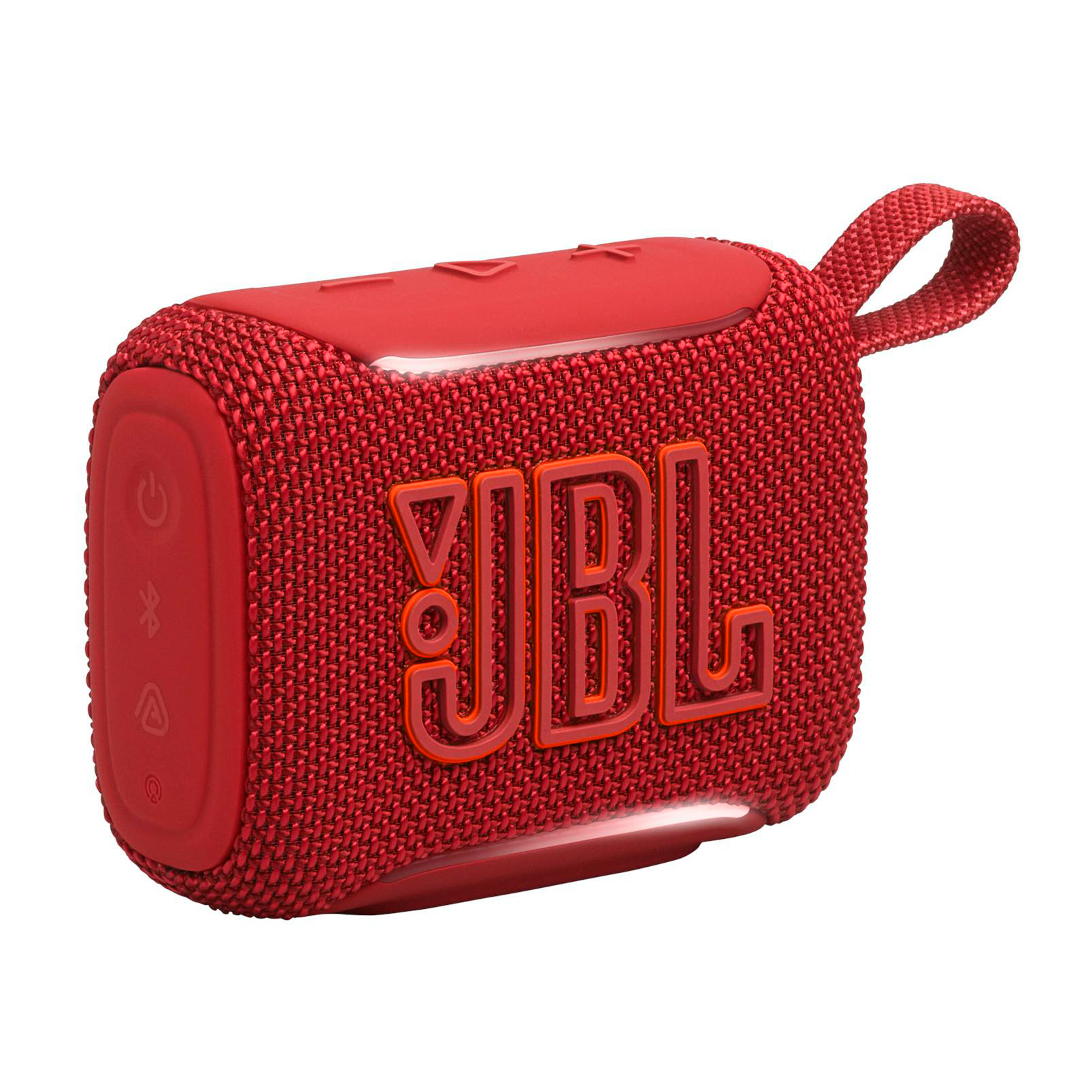 Roter JBL Bluetooth-Lautsprecher mit Stoffbezug und Trageschlaufe.