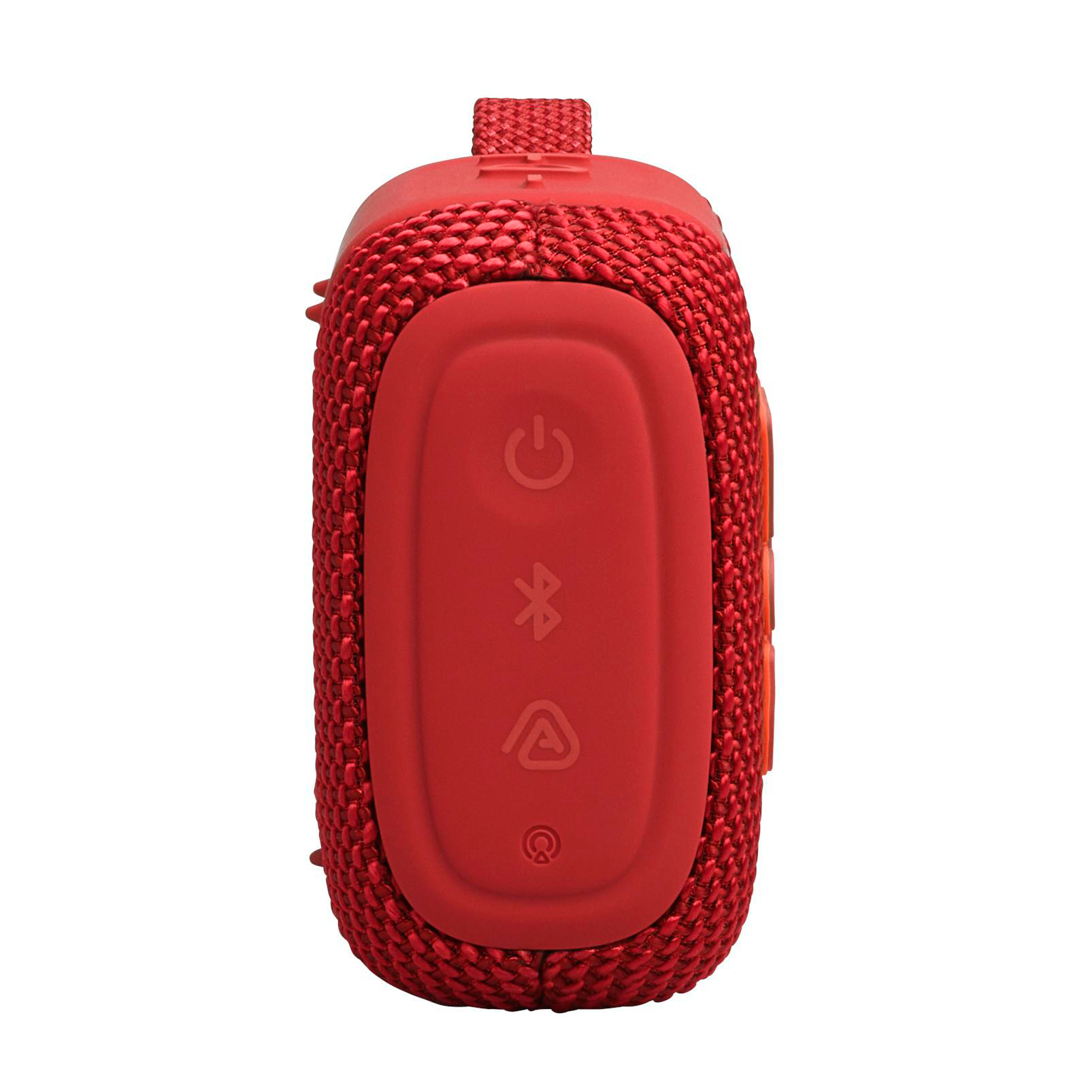 Rote tragbare Lautsprecher mit Power-, Bluetooth- und Play-Tasten.