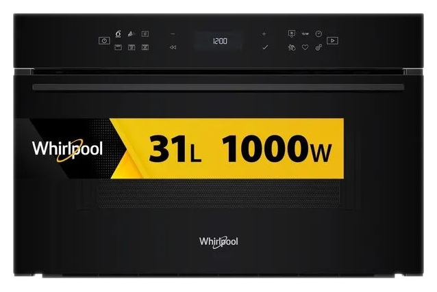 Czarny piekarnik Whirlpool z cyfrowym wyświetlaczem i żółtym banerem 31L, 1000W.