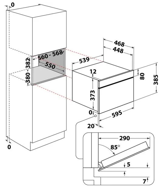 Diagram pokazujący wymiary piekarnika do zabudowy i jego wnęki.