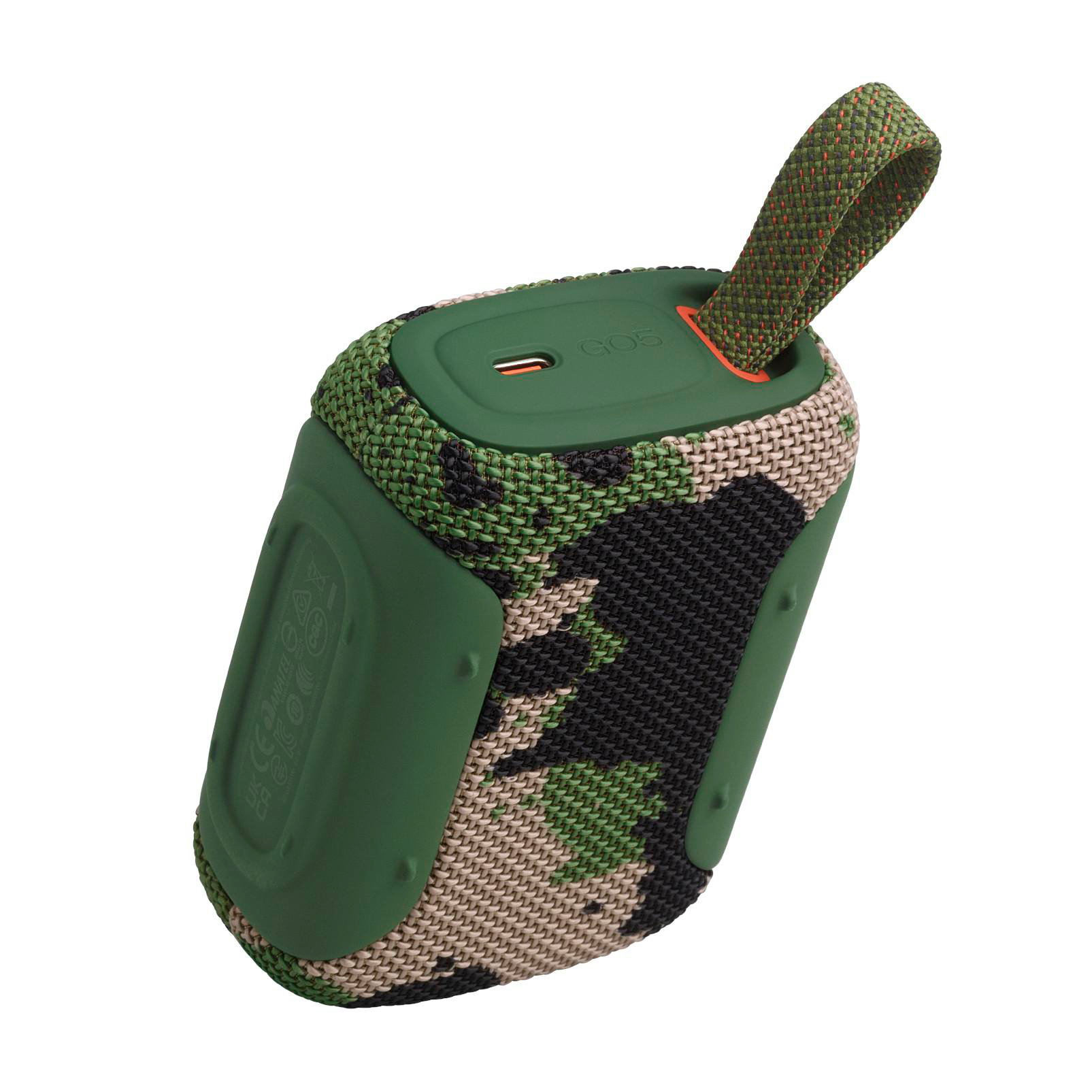 Ein grüner Camouflage-Lautsprecher mit Trageschlaufe und Anschlüssen.