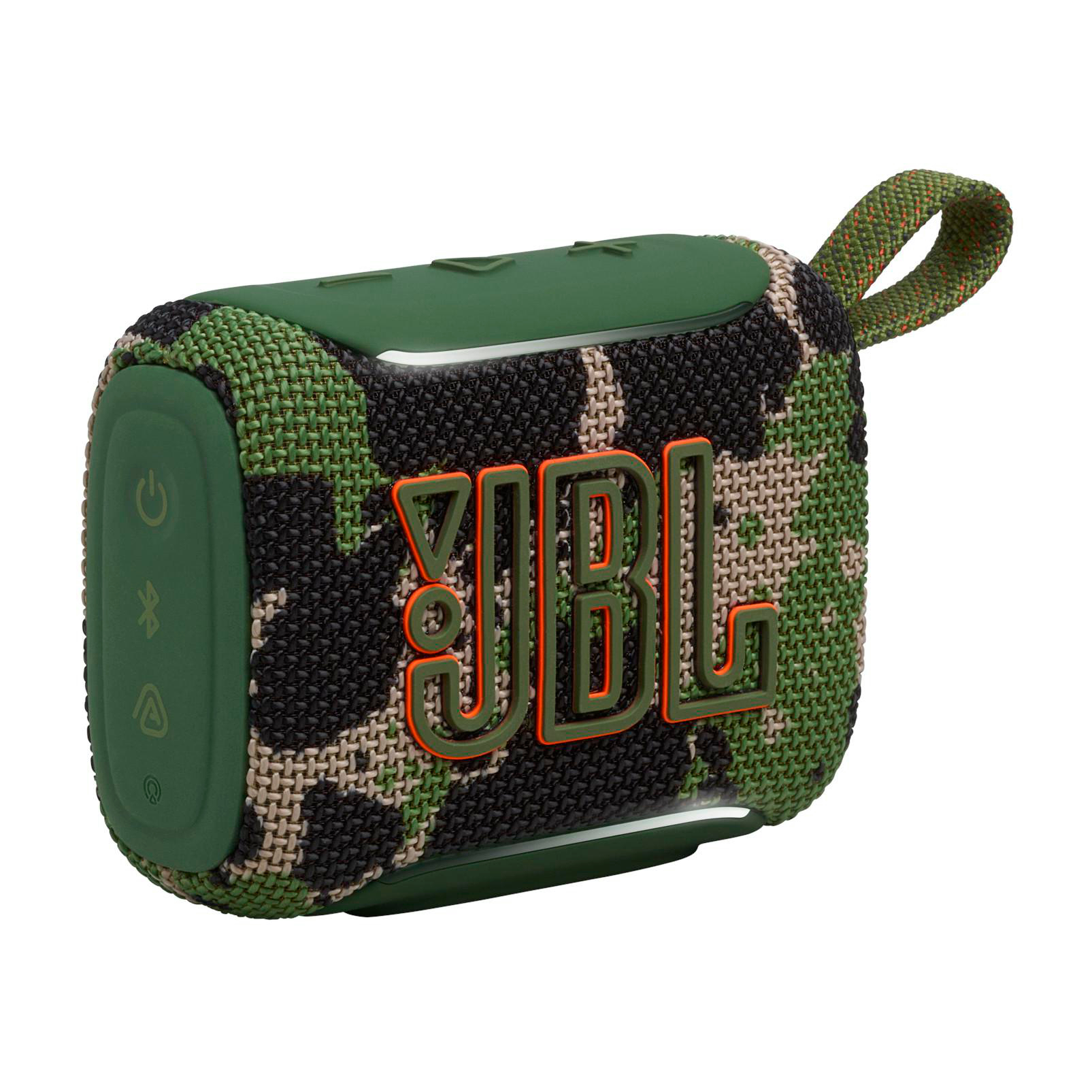 Ein grüner JBL Lautsprecher mit Tarnmuster und orangefarbenem Logo.