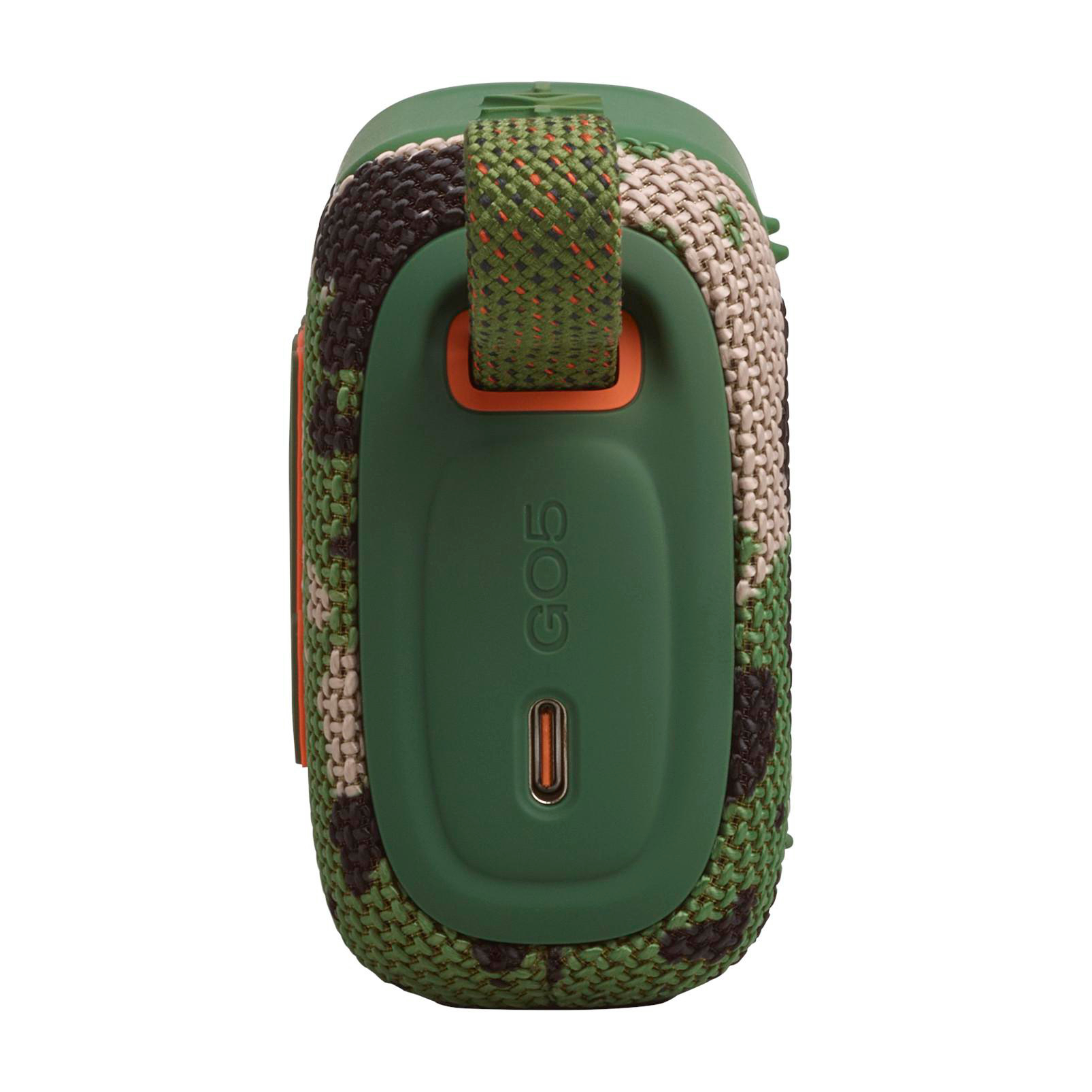 Grüner Lautsprecher mit Tarnmuster, "GO5"-Logo und USB-C-Anschluss.