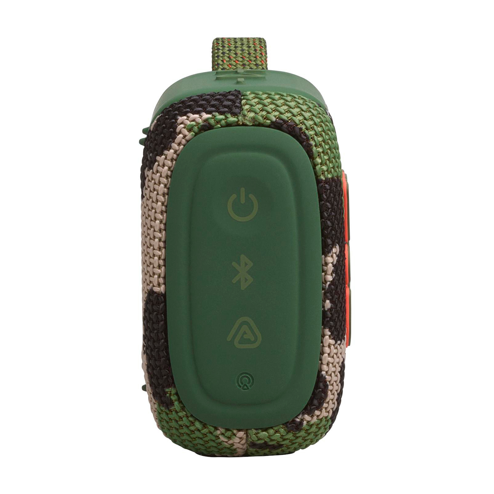 Ein kleiner, tarnfarbener Bluetooth-Lautsprecher mit grünen Bedienelementen.