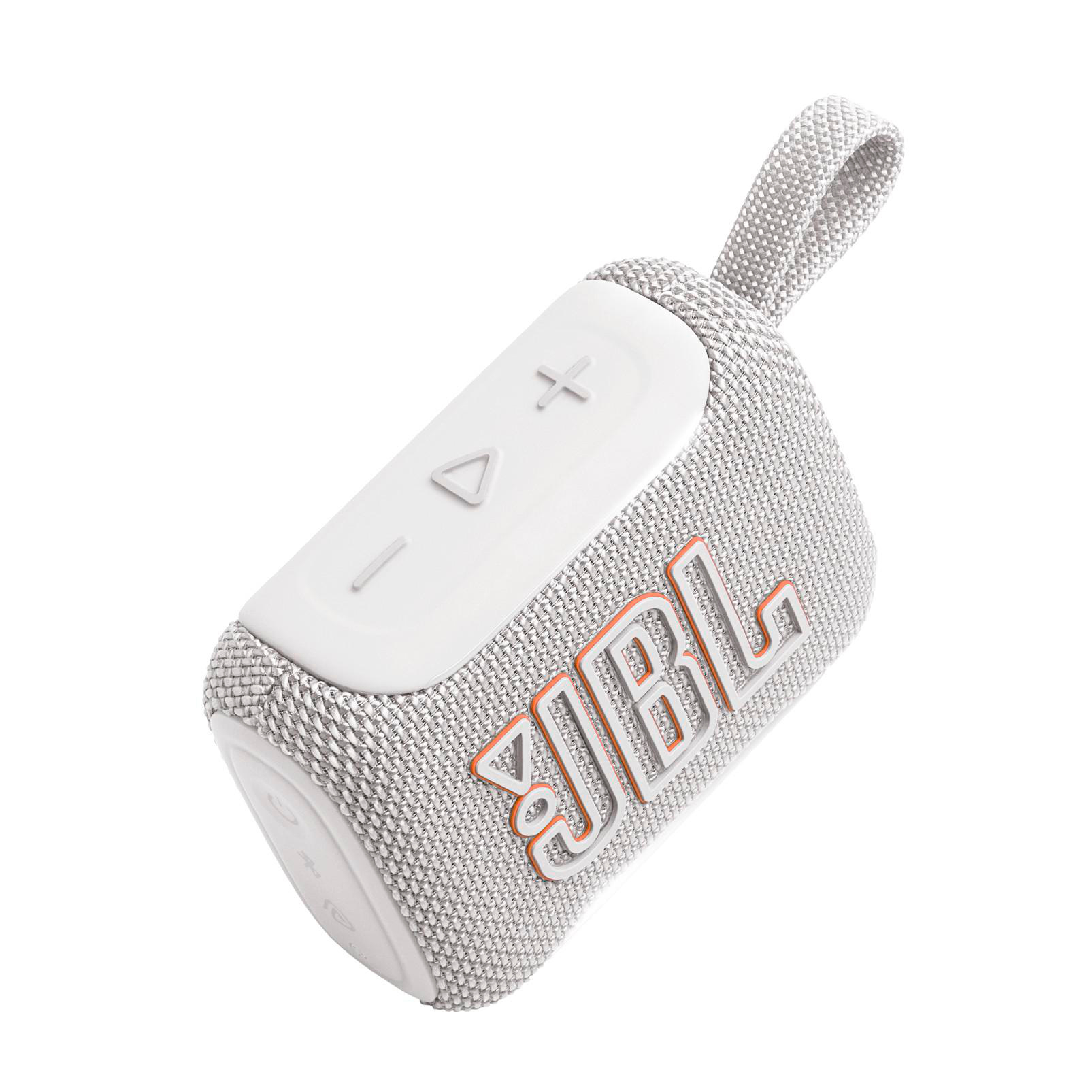 Grauer JBL Bluetooth-Lautsprecher mit orangefarbenem Logo und Bedienelementen.