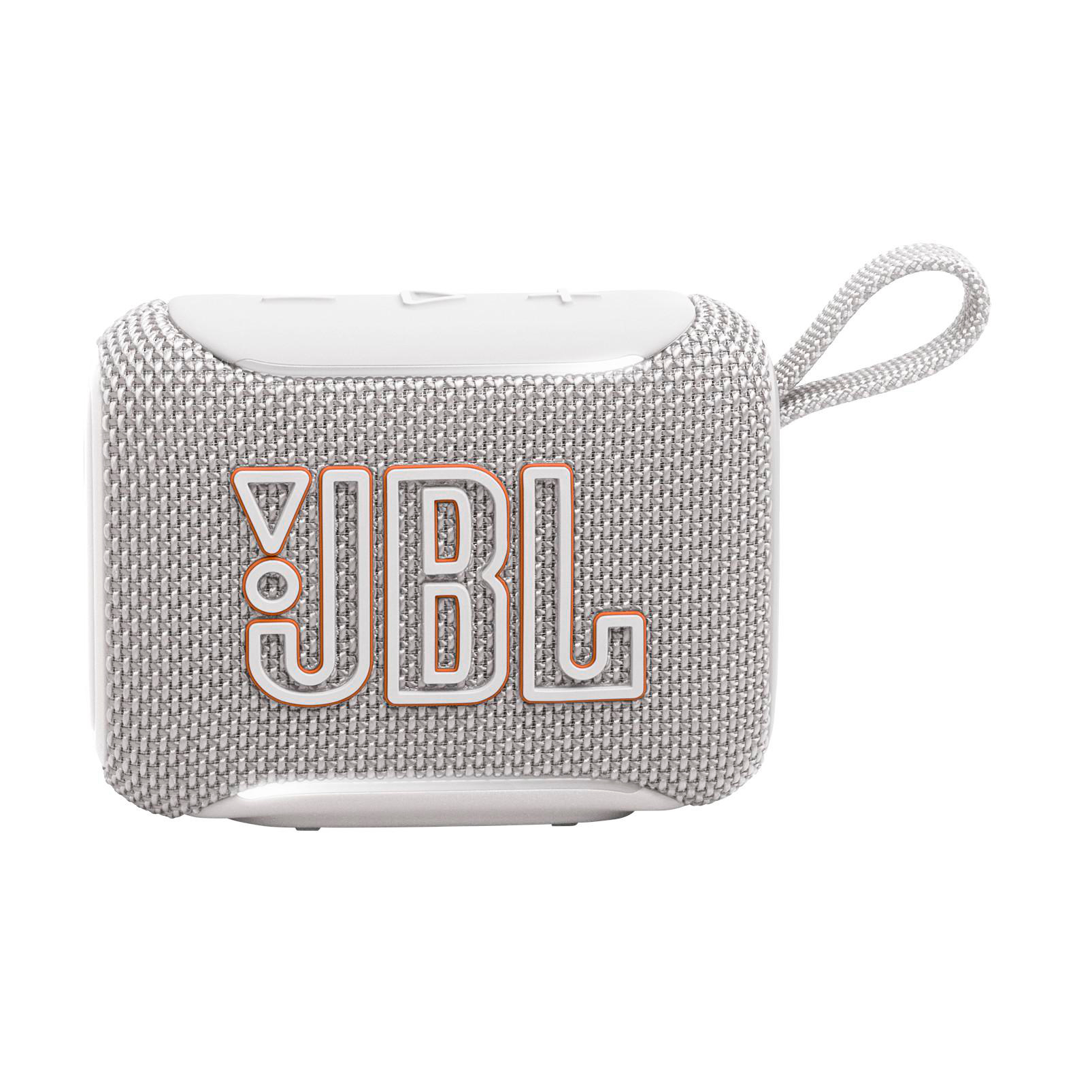 Ein weißer JBL Go 3 Lautsprecher mit orangefarbenem Logo und Trageschlaufe.