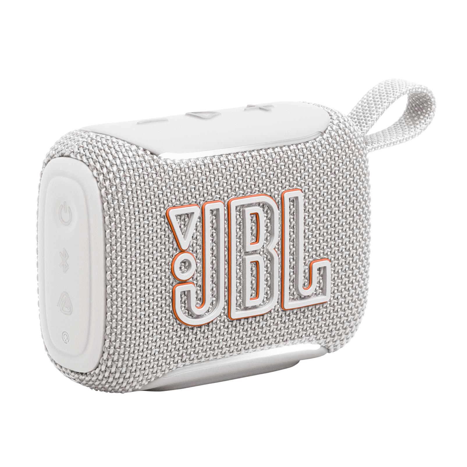 Ein weißer JBL Bluetooth-Lautsprecher mit einem Trageband.