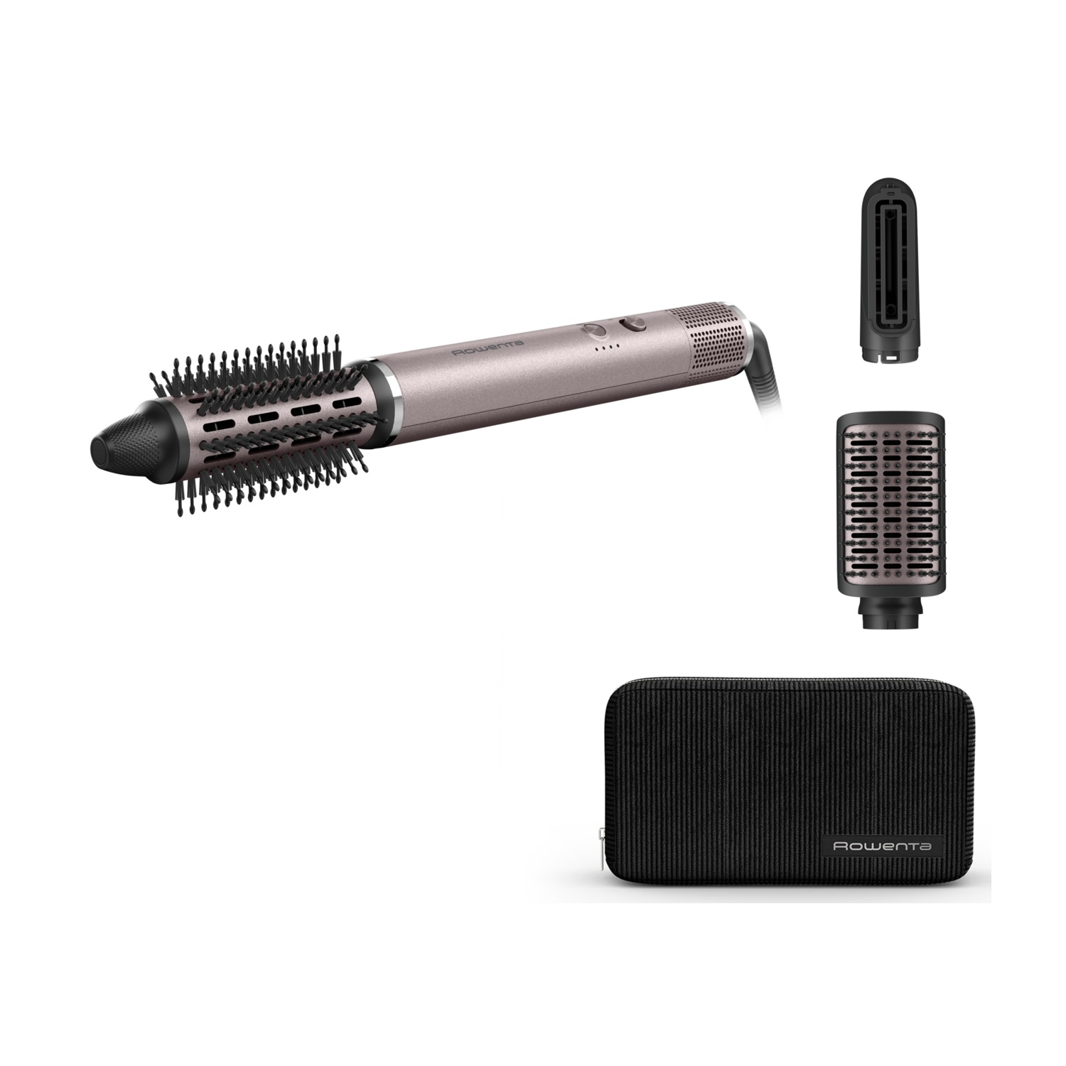 Un styler per capelli oro rosa con accessori e custodia nera.