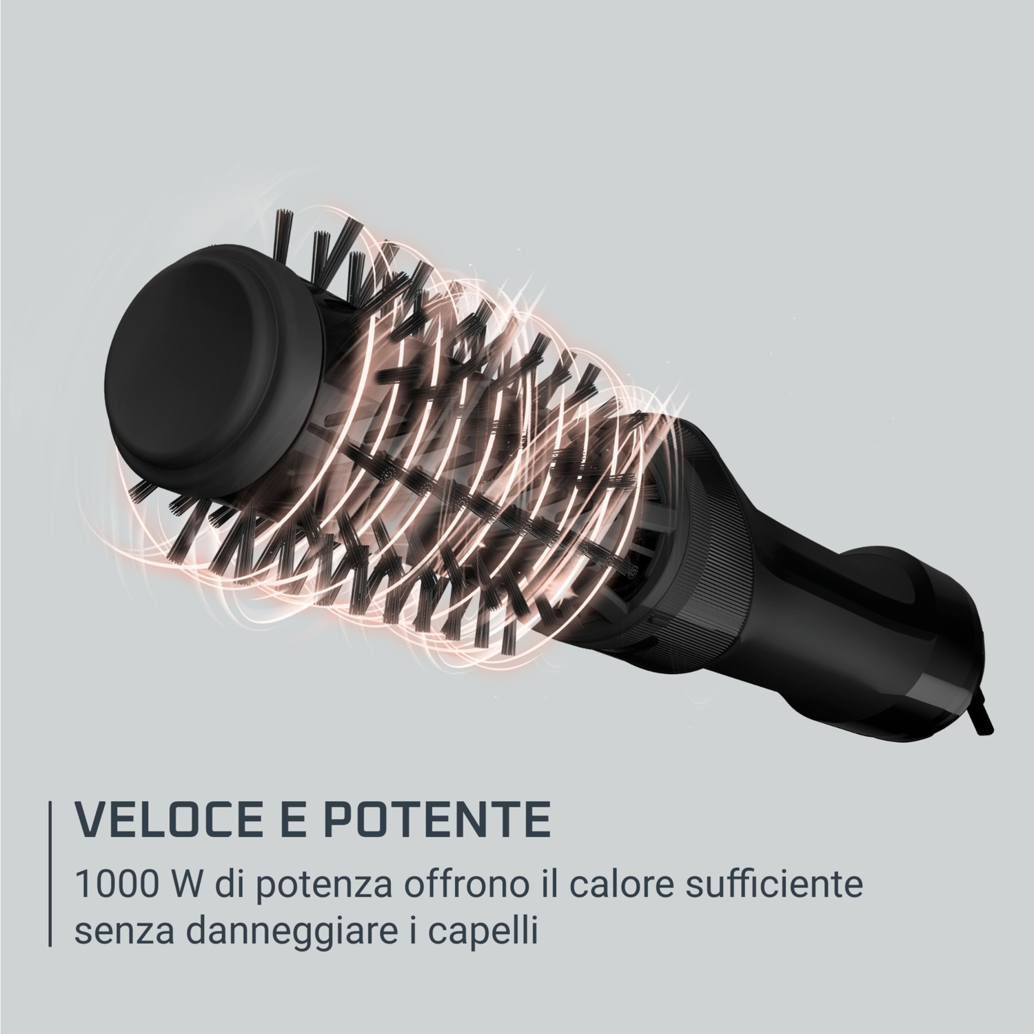 Spazzola calda rotante nera con setole ed effetto calore.