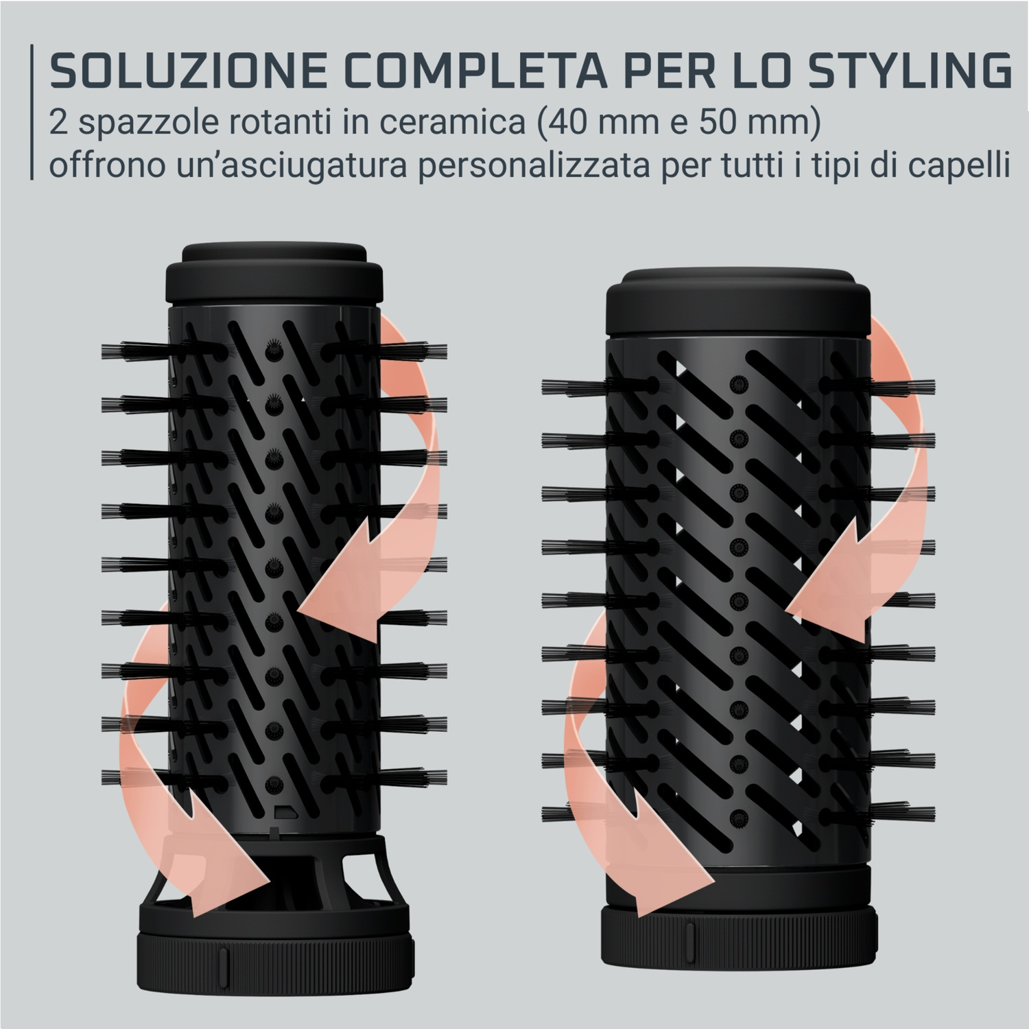 Due spazzole rotanti in ceramica per styling personalizzato.