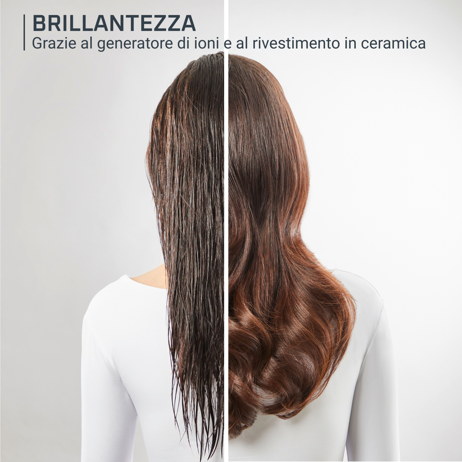 Confronto capelli prima/dopo: bagnati e lisci vs. asciutti e mossi.