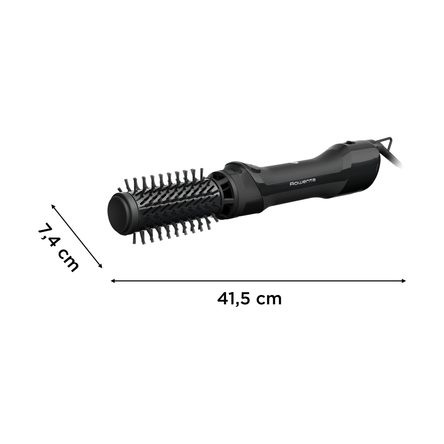 Asciugacapelli Rowenta nero con spazzola rotonda, lungo 41,5 cm.
