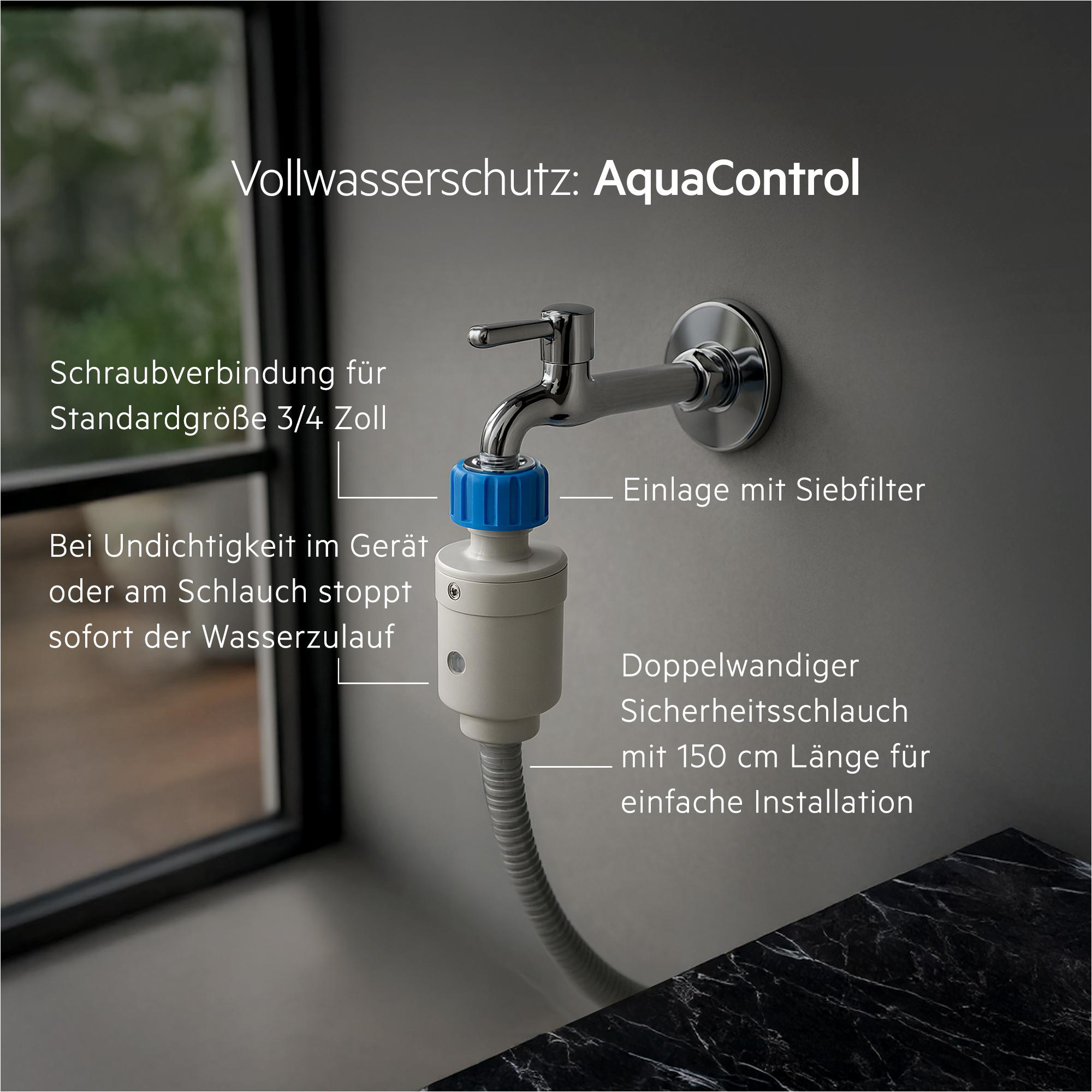 AquaControl Wasserschutz mit Wasserhahn, Schlauch und Filter. Stoppt Wasser bei Leck.