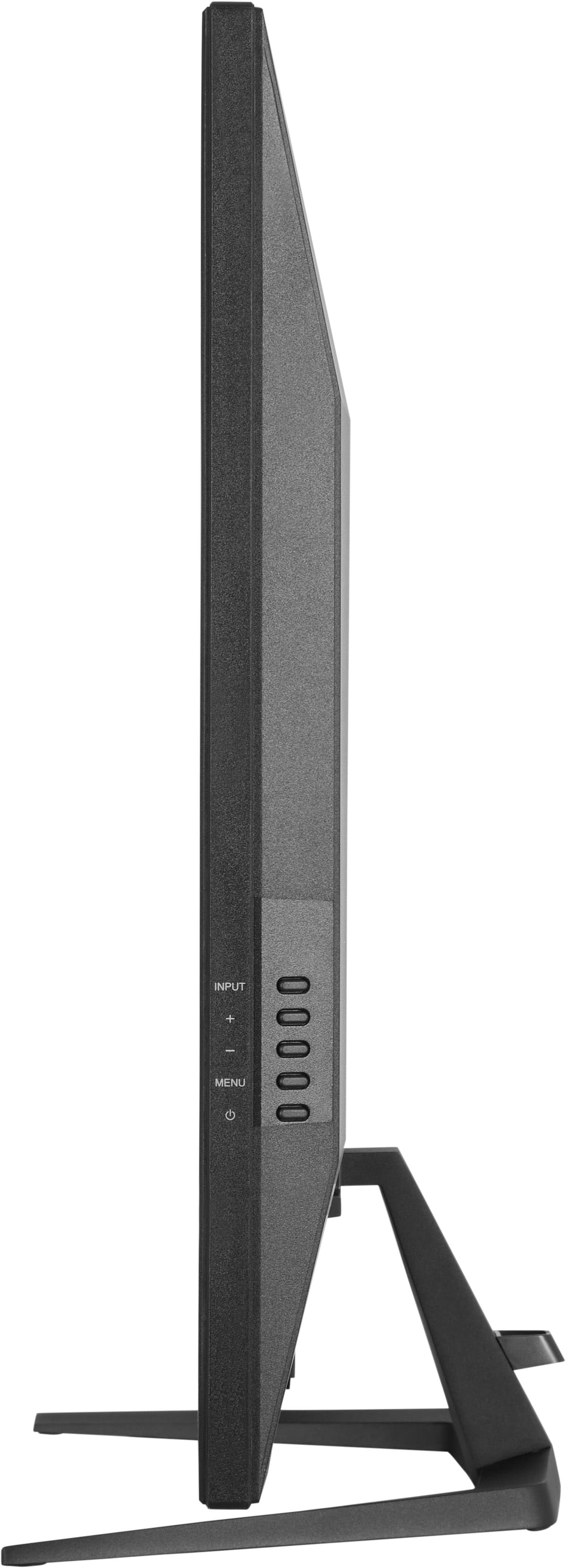 Seitenansicht eines schwarzen Monitors mit Tasten und Ständer.