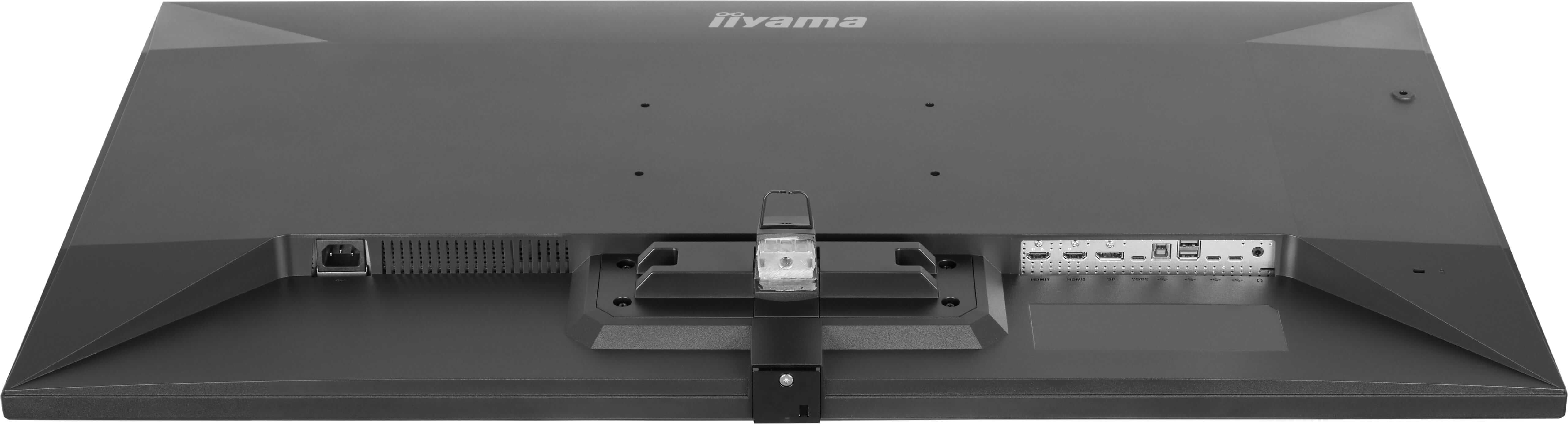 Rückseite eines schwarzen Monitors mit Anschlüssen wie HDMI, USB und Stromversorgung.