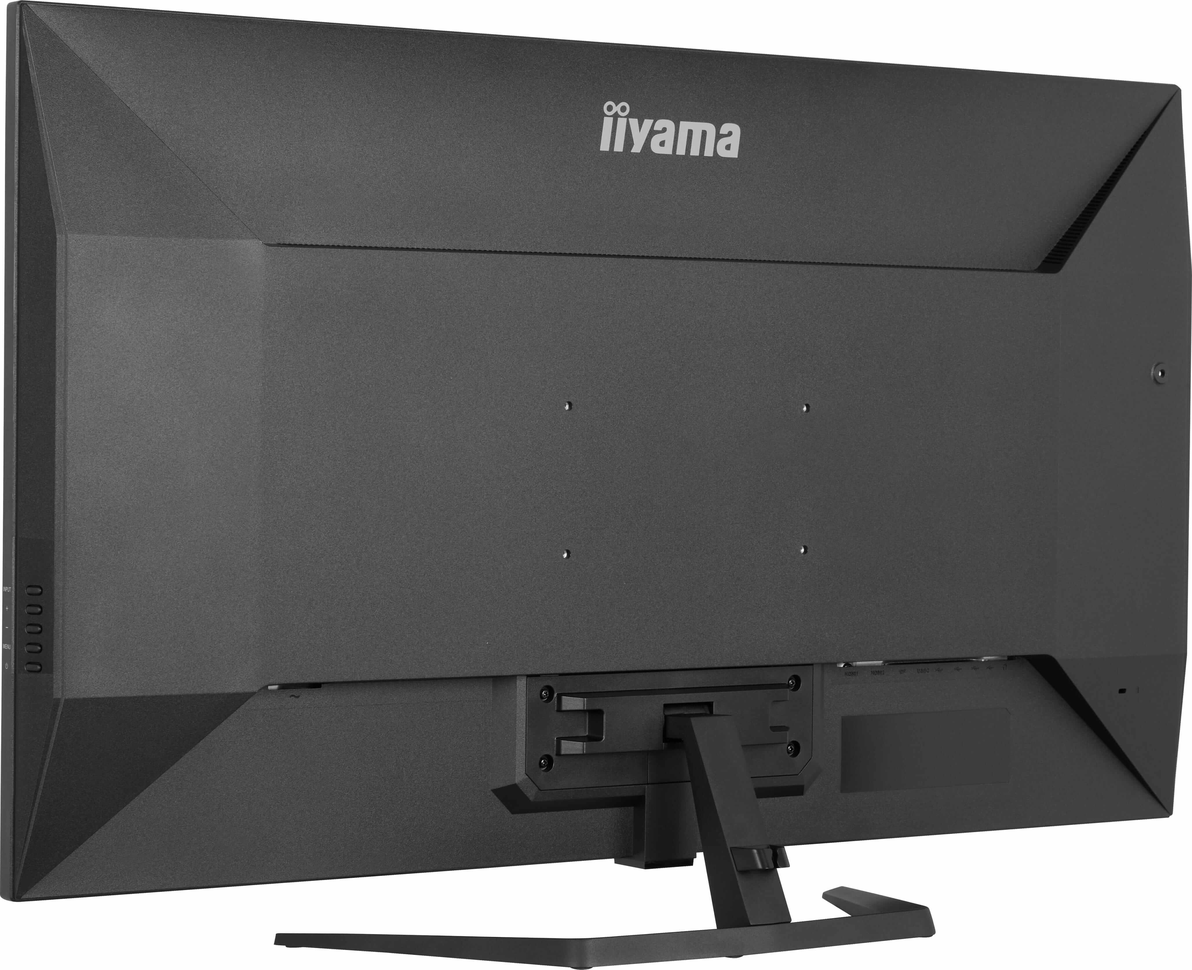 Rückseite eines schwarzen iiyama Monitors mit Anschlüssen und Standfuß.