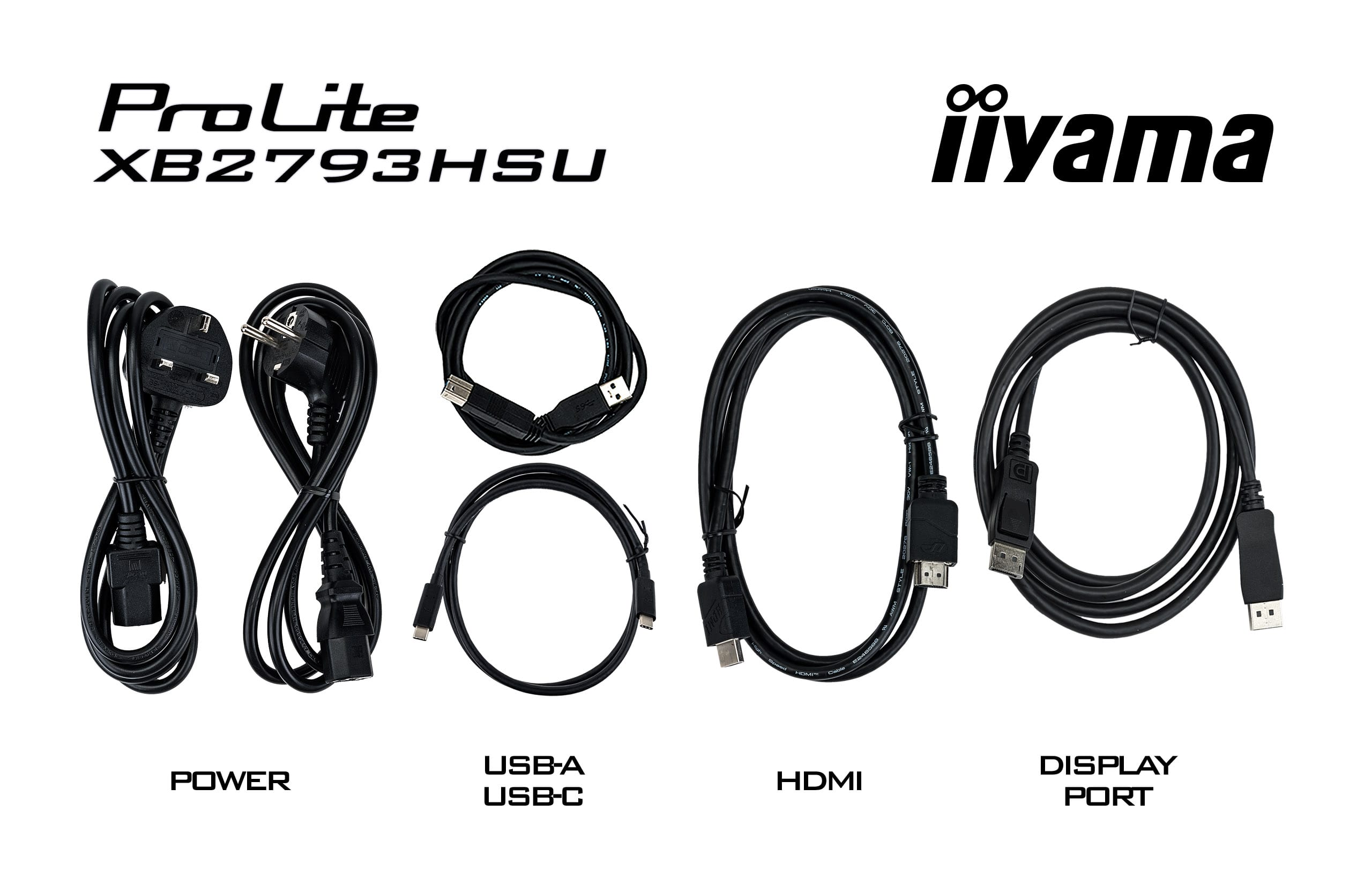 ProLite XB2793HSU Monitor Kabel: Strom, USB-A/USB-C, HDMI und DisplayPort.