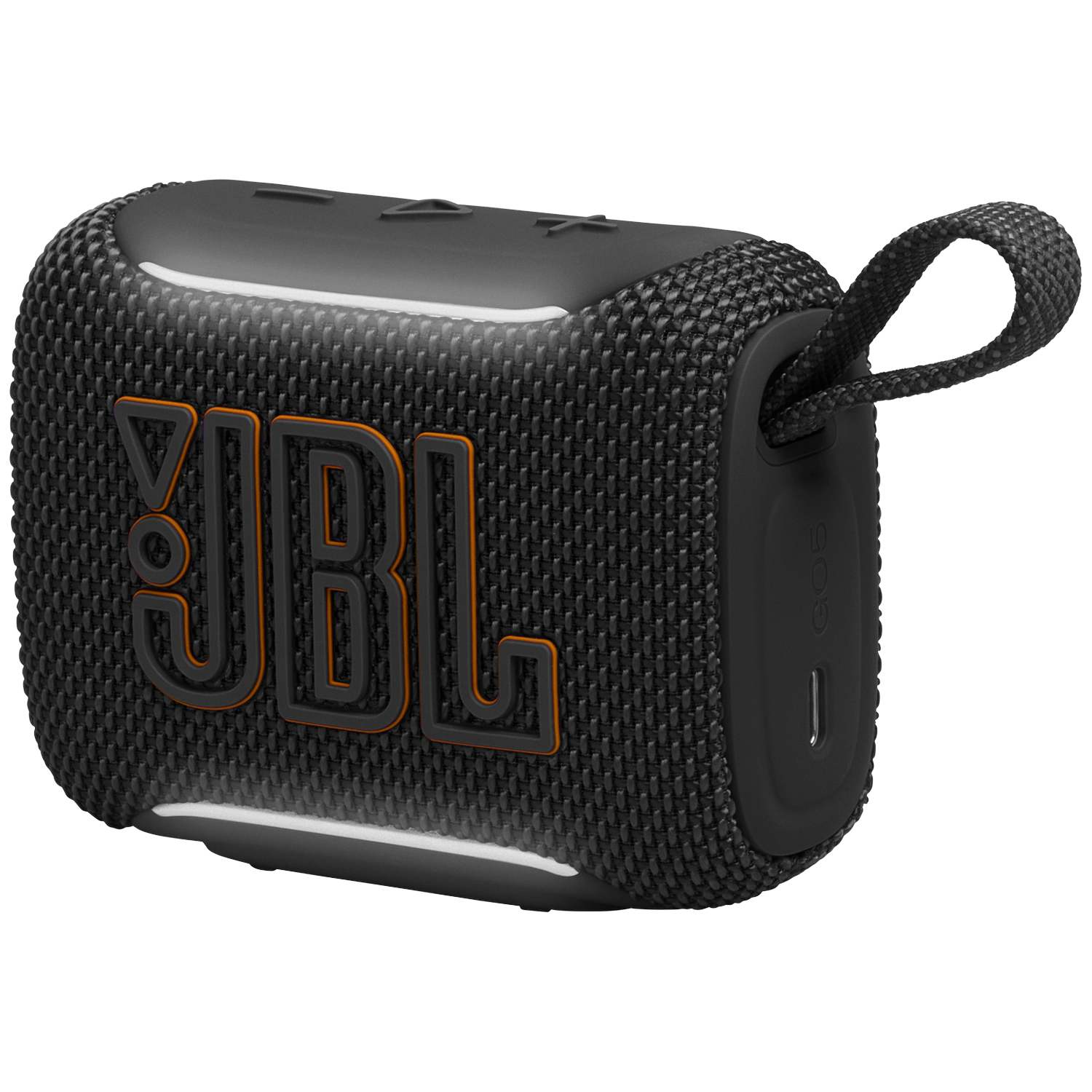 Compact black JBL speaker with orange logo and carrying loop.