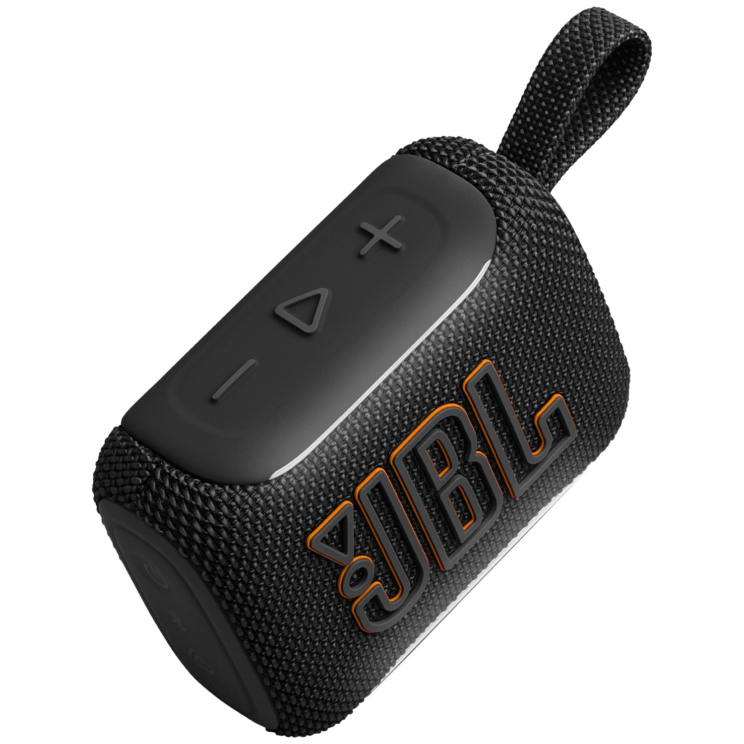 Black JBL Go 3 speaker with orange logo and fabric loop.