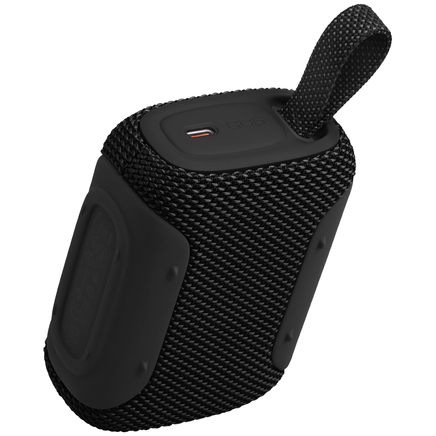 Black portable speaker with fabric cover and USB-C port.