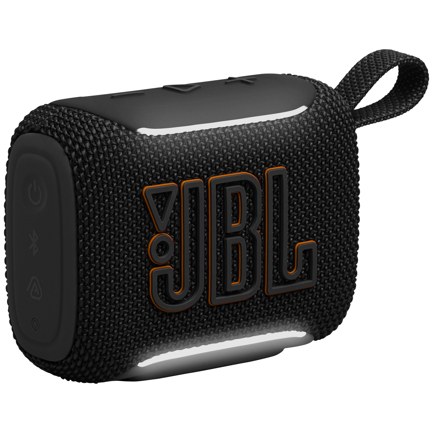 Black JBL portable speaker with orange logo and fabric strap on a black background.