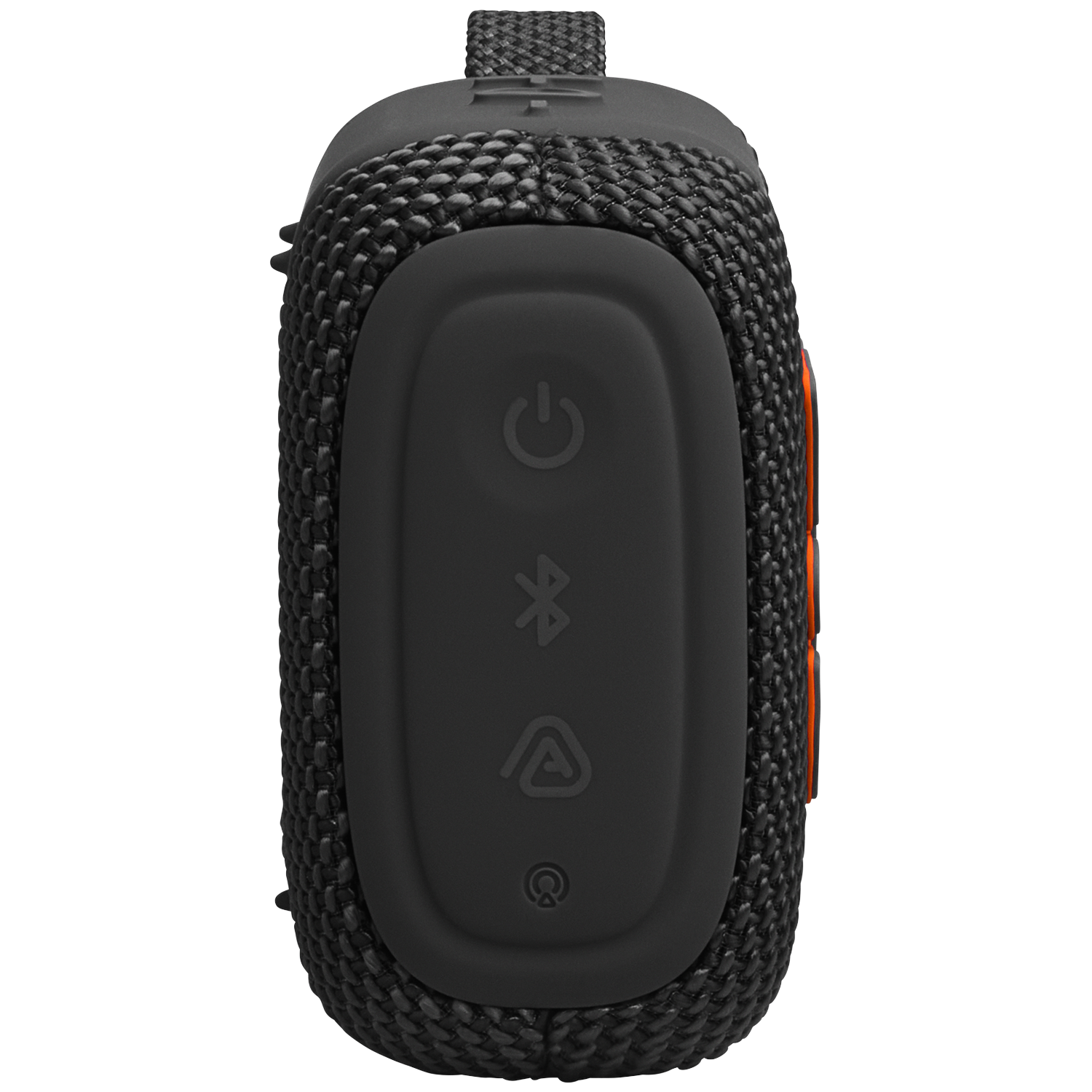 A black portable speaker with power, Bluetooth, and battery icons on a rubberized control panel.