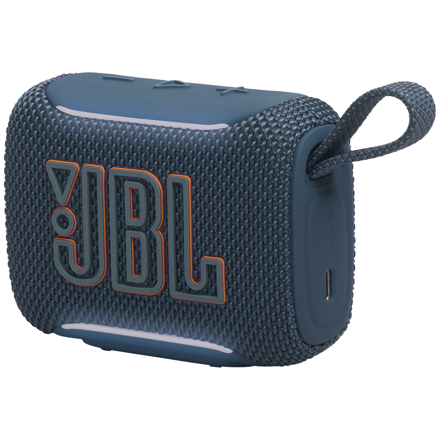 Een blauwe JBL speaker met oranje logo's en een draagband.