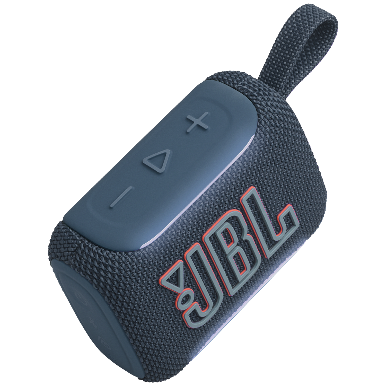 Een donkerblauwe JBL speaker met draaglus en volumeknoppen.